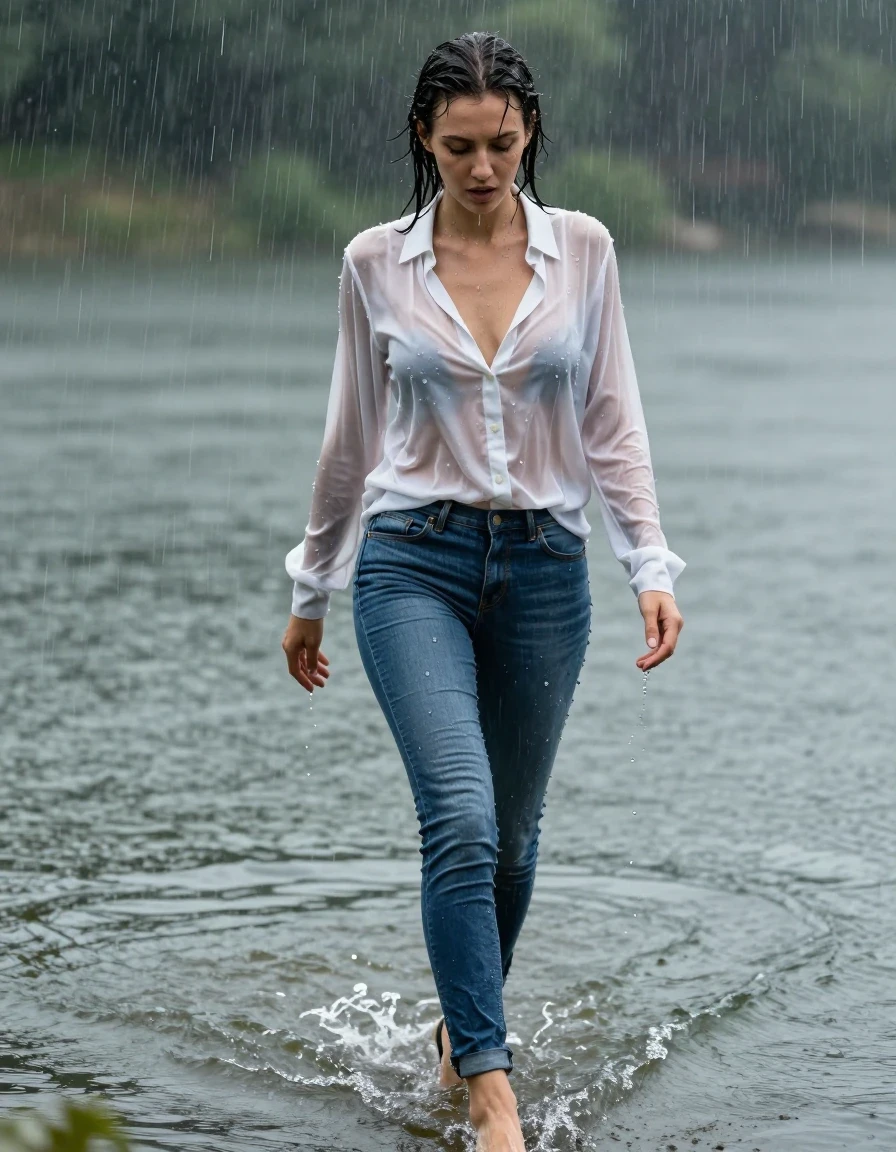 photo of young woman, in soaking wet, drenched clothes,
high-heels, blue jeans, white silk blouse, no underwear, see-through, walking in the lake, 
enjoying, wet clothes stuck to body,
detailed textures of the wet clothes, wet face, wet plastered hair,
wet, drenched, professional, high-quality details, full body view.
sharp focus, ultra-high pixel detail, realistic, high-quality, full colors, incredibly detailed, 4k, 8k, 16k, hyper-realistic, RAW photo, masterpiece, ultra-detailed, professionally color graded, professional photograph, heavy rain, completely soaked, drenched, dripping wet, wet skin, wet clothes, damp fabric