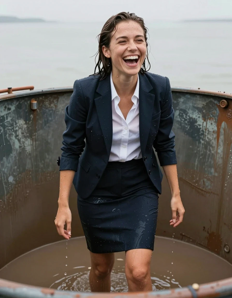 photo of young woman, in soaking wet, drenched clothes,
Shoes, Office trousers or skirt, Office shirt and jacket, In a gunge tank, 
enjoying, wet clothes stuck to body,
detailed textures of the wet clothes, wet face, wet plastered hair,
wet, drenched, professional, high-quality details, full body view.
sharp focus, ultra-high pixel detail, realistic, high-quality, full colors, incredibly detailed, 4k, 8k, 16k, hyper-realistic, RAW photo, masterpiece, ultra-detailed, professionally color graded, professional photograph, Laughing, wet skin, wet clothes, damp fabric