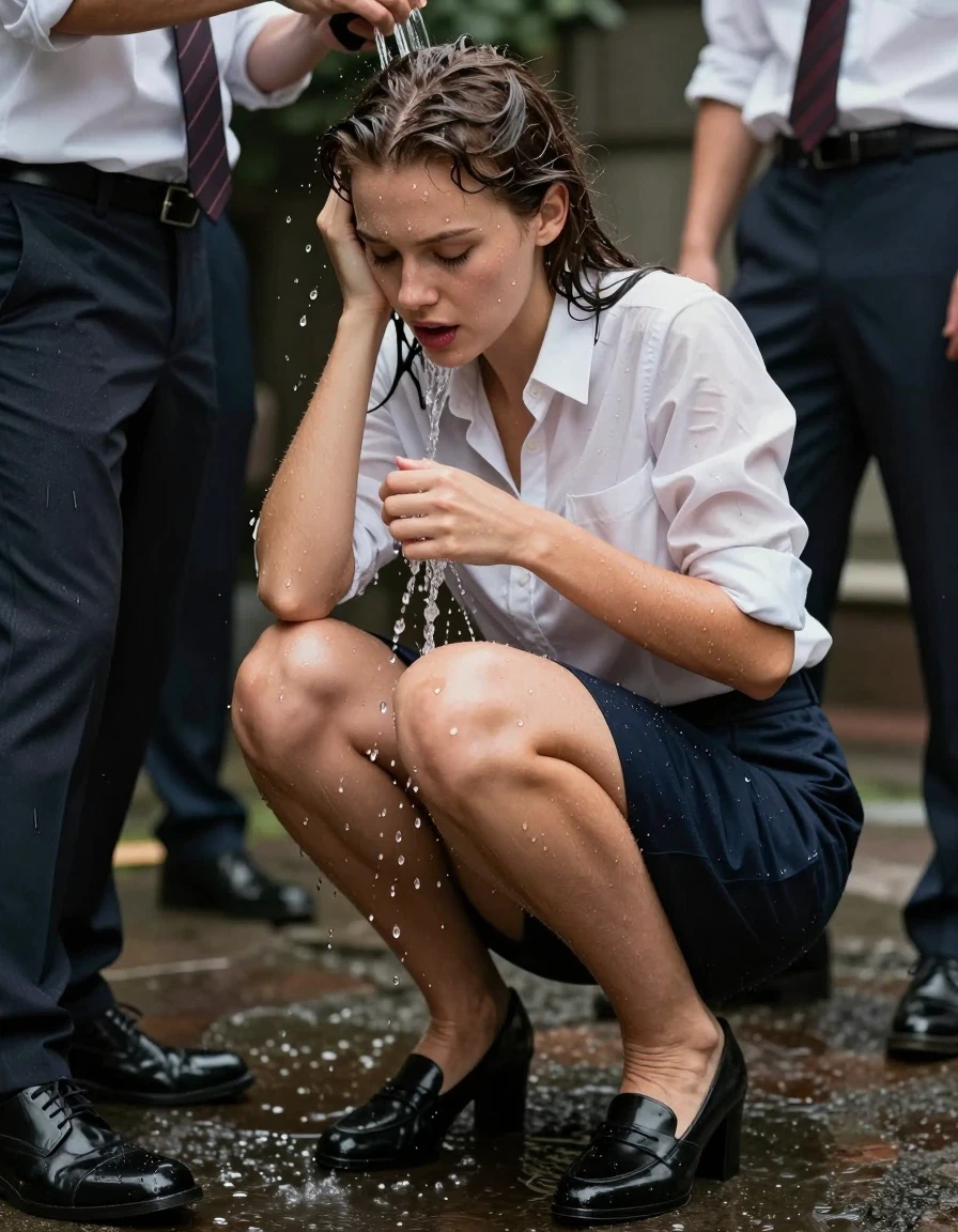 photo of young woman, in soaking wet, drenched clothes,
Shoes, Skirt or trousers, Office shirt, Student party, 
enjoying, wet clothes stuck to body,
detailed textures of the wet clothes, wet face, wet plastered hair,
wet, drenched, professional, high-quality details, full body view.
sharp focus, ultra-high pixel detail, realistic, high-quality, full colors, incredibly detailed, 4k, 8k, 16k, hyper-realistic, RAW photo, masterpiece, ultra-detailed, professionally color graded, professional photograph, Peeing on two guys, wet skin, wet clothes, damp fabric