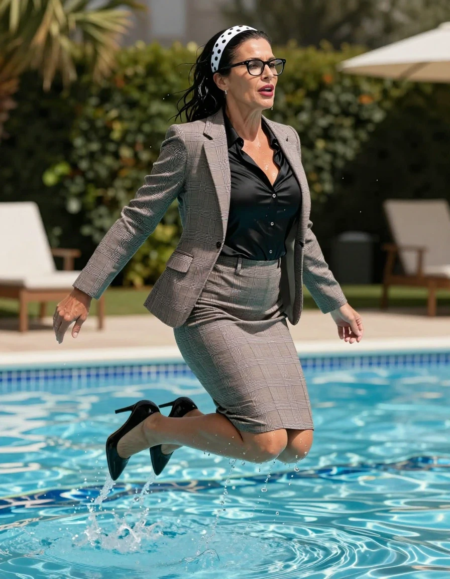photo of young woman, in soaking wet, drenched clothes,
high-heeled shoes, pencil midi ight brown & black plaid skirt , tailored light brown & black plaid jacket and black satin blouse, jumping in sunny swimming pool, 
enjoying, wet clothes stuck to body,
detailed textures of the wet clothes, wet face, wet plastered hair,
wet, drenched, professional, high-quality details, full body view.
sharp focus, ultra-high pixel detail, realistic, high-quality, full colors, incredibly detailed, 4k, 8k, 16k, hyper-realistic, RAW photo, masterpiece, ultra-detailed, professionally color graded, professional photograph, europen brunette skinny woman 50 years old, long dark black hair, white polka-dot headband, office glasses, very big and thick lips, complete body, wet skin, wet clothes, damp fabric, wet skin, wet clothes, damp fabric, wet skin, wet clothes, damp fabric, wet skin, wet clothes, damp fabric, wet skin, wet clothes, damp fabric, wet skin, wet clothes, damp fabric, wet skin, wet clothes, damp fabric