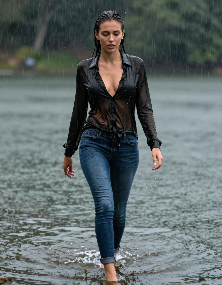 photo of young woman, in soaking wet, drenched clothes,
high-heels, blue jeans, black silk blouse, no underwear, see-through, walking in the lake, 
enjoying, wet clothes stuck to body,
detailed textures of the wet clothes, wet face, wet plastered hair,
wet, drenched, professional, high-quality details, full body view.
sharp focus, ultra-high pixel detail, realistic, high-quality, full colors, incredibly detailed, 4k, 8k, 16k, hyper-realistic, RAW photo, masterpiece, ultra-detailed, professionally color graded, professional photograph, heavy rain, completely soaked, drenched, dripping wet, wet skin, wet clothes, damp fabric