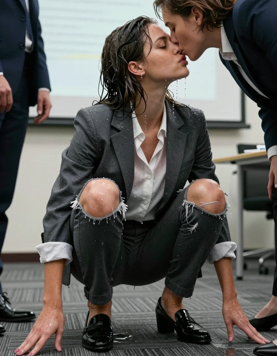 photo of young woman, in soaking wet, drenched clothes,
Shoes, Ripped office trousers, Ripped office shirt and ripped jacket, Office seminar, 
enjoying, wet clothes stuck to body,
detailed textures of the wet clothes, wet face, wet plastered hair,
wet, drenched, professional, high-quality details, full body view.
sharp focus, ultra-high pixel detail, realistic, high-quality, full colors, incredibly detailed, 4k, 8k, 16k, hyper-realistic, RAW photo, masterpiece, ultra-detailed, professionally color graded, professional photograph, Kissing two colleagues, wet skin, wet clothes, damp fabric