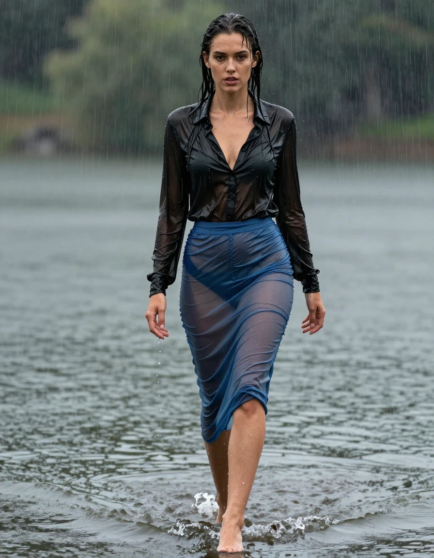 photo of young woman, in soaking wet, drenched clothes,
high-heels, transparent blue silk slim floor-length skirt, black silk blouse, no underwear, see-through, walking in the lake, 
enjoying, wet clothes stuck to body,
detailed textures of the wet clothes, wet face, wet plastered hair,
wet, drenched, professional, high-quality details, full body view.
sharp focus, ultra-high pixel detail, realistic, high-quality, full colors, incredibly detailed, 4k, 8k, 16k, hyper-realistic, RAW photo, masterpiece, ultra-detailed, professionally color graded, professional photograph, heavy rain, completely soaked, drenched, dripping wet, wet skin, wet clothes, damp fabric
