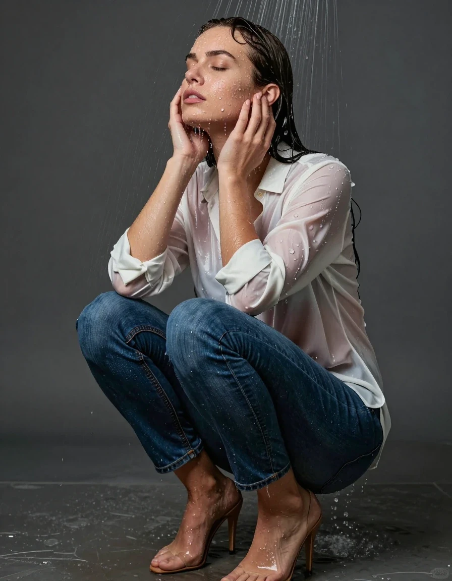 photo of young woman, in soaking wet, drenched clothes,
high-heels, blue jeans, white silk blouse, shower, 
enjoying, wet clothes stuck to body,
detailed textures of the wet clothes, wet face, wet plastered hair,
wet, drenched, professional, high-quality details, full body view.
sharp focus, ultra-high pixel detail, realistic, high-quality, full colors, incredibly detailed, 4k, 8k, 16k, hyper-realistic, RAW photo, masterpiece, ultra-detailed, professionally color graded, professional photograph, wet skin, wet clothes, damp fabric