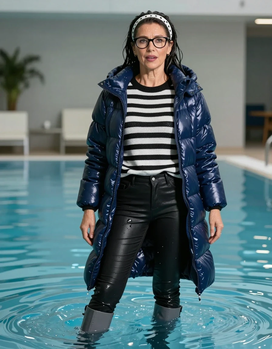 photo of young woman, in soaking wet, drenched clothes,
high-heeled gray boots, long black shiny tight leather jeans, long black & white striped shiny sweater, maxi dark blue shiny down jacket, standing complete submerged under the water of the indoor pool, 
enjoying, wet clothes stuck to body,
detailed textures of the wet clothes, wet face, wet plastered hair,
wet, drenched, professional, high-quality details, full body view.
sharp focus, ultra-high pixel detail, realistic, high-quality, full colors, incredibly detailed, 4k, 8k, 16k, hyper-realistic, RAW photo, masterpiece, ultra-detailed, professionally color graded, professional photograph, europen brunette skinny woman 50 years old, long dark black hair, white polka-dot headband, office glasses, very big and thick lips, complete body, wet skin, wet clothes, damp fabric, wet skin, wet clothes, damp fabric, wet skin, wet clothes, damp fabric, wet skin, wet clothes, damp fabric, wet skin, wet clothes, damp fabric, wet skin, wet clothes, damp fabric, wet skin, wet clothes, damp fabric