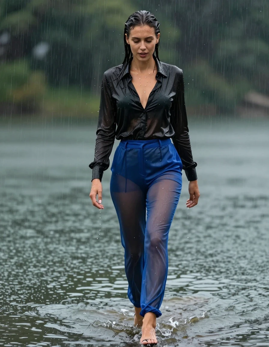photo of young woman, in soaking wet, drenched clothes,
high-heels, transparent blue silk office-pants, black silk blouse, no underwear, see-through, walking in the lake, 
enjoying, wet clothes stuck to body,
detailed textures of the wet clothes, wet face, wet plastered hair,
wet, drenched, professional, high-quality details, full body view.
sharp focus, ultra-high pixel detail, realistic, high-quality, full colors, incredibly detailed, 4k, 8k, 16k, hyper-realistic, RAW photo, masterpiece, ultra-detailed, professionally color graded, professional photograph, heavy rain, completely soaked, drenched, dripping wet, wet skin, wet clothes, damp fabric