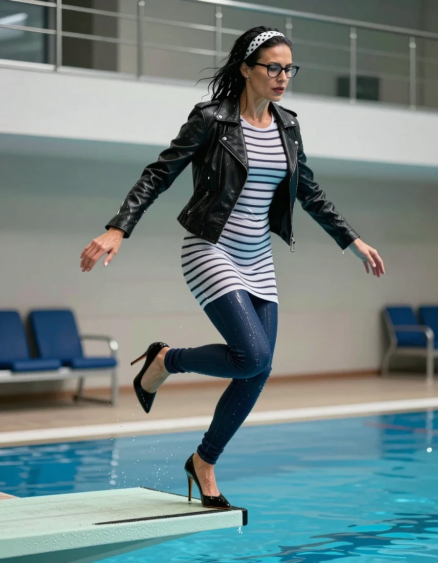 photo of young woman, in soaking wet, drenched clothes,
high-heeled shoes, long dark blue shiny tight jeans, long shiny white & black striped t-shirt dress with long sleeves, black byker leather jacket, jumping from the diving board into the water of the indoor pool, 
enjoying, wet clothes stuck to body,
detailed textures of the wet clothes, wet face, wet plastered hair,
wet, drenched, professional, high-quality details, full body view.
sharp focus, ultra-high pixel detail, realistic, high-quality, full colors, incredibly detailed, 4k, 8k, 16k, hyper-realistic, RAW photo, masterpiece, ultra-detailed, professionally color graded, professional photograph, europen brunette skinny woman 50 years old, long dark black hair, white polka-dot headband, office glasses, very big and thick lips, complete body, wet skin, wet clothes, damp fabric, wet skin, wet clothes, damp fabric, wet skin, wet clothes, damp fabric, wet skin, wet clothes, damp fabric, wet skin, wet clothes, damp fabric, wet skin, wet clothes, damp fabric, wet skin, wet clothes, damp fabric
