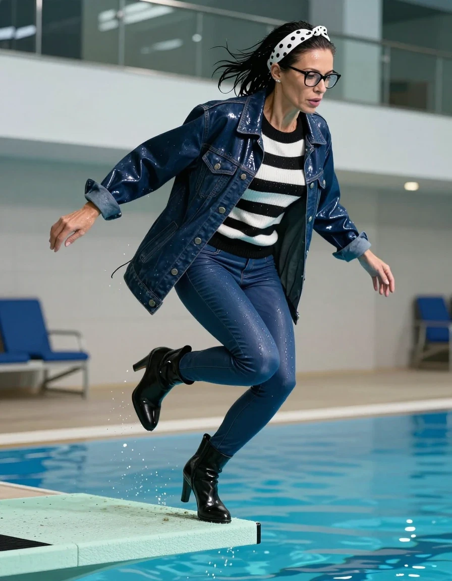 photo of young woman, in soaking wet, drenched clothes,
high-heeled boots, long blue shiny tight jeans, long black & white striped shiny sweater, maxi dark blue shiny denim jacket, jumping from the diving board into the water of the indoor pool, 
enjoying, wet clothes stuck to body,
detailed textures of the wet clothes, wet face, wet plastered hair,
wet, drenched, professional, high-quality details, full body view.
sharp focus, ultra-high pixel detail, realistic, high-quality, full colors, incredibly detailed, 4k, 8k, 16k, hyper-realistic, RAW photo, masterpiece, ultra-detailed, professionally color graded, professional photograph, europen brunette skinny woman 50 years old, long dark black hair, white polka-dot headband, office glasses, very big and thick lips, complete body, wet skin, wet clothes, damp fabric, wet skin, wet clothes, damp fabric, wet skin, wet clothes, damp fabric, wet skin, wet clothes, damp fabric, wet skin, wet clothes, damp fabric, wet skin, wet clothes, damp fabric, wet skin, wet clothes, damp fabric