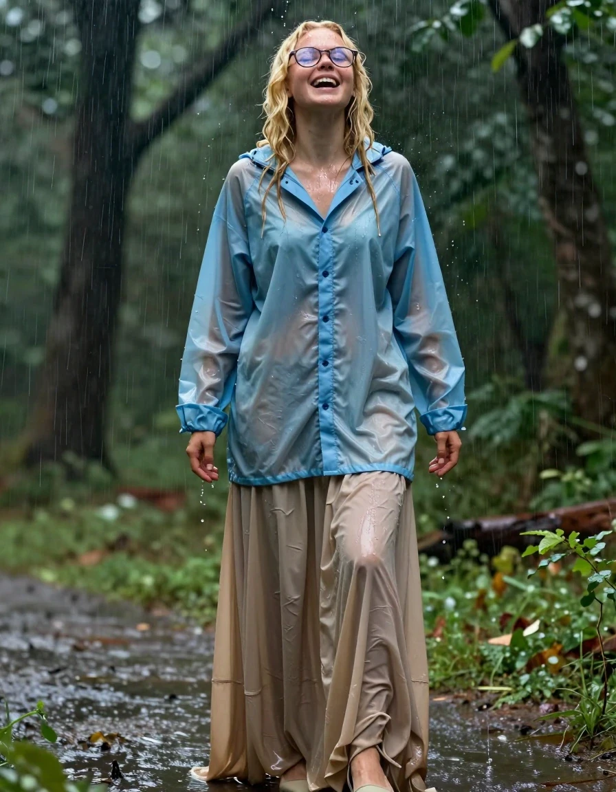 A stunning young adult European woman with blonde curly hair and stylish glasses, standing in a lush forest during a heavy downpour. She is wearing an oversized, long-sleeved, buttoned-down light blue nylon rainwear shirt and a beige floor-length, excessively long skirt, paired with elegant court shoes. Her skin is glistening with water, and her hair is dripping wet. The nylon shirt and beige skirt are completely soaked, clinging to her body with heavy, damp fabric folds, appearing significantly darker and translucent where saturated. She has an expression of intense pleasure and ecstasy, caught in the act of an orgasm while getting drenched by the rain. The lighting is moody and natural, highlighting the water sheen on her skin and the heavy, saturated texture of the wet clothing. Photorealistic, 8k resolution, high-detail skin pores and fabric weave, cinematic composition.