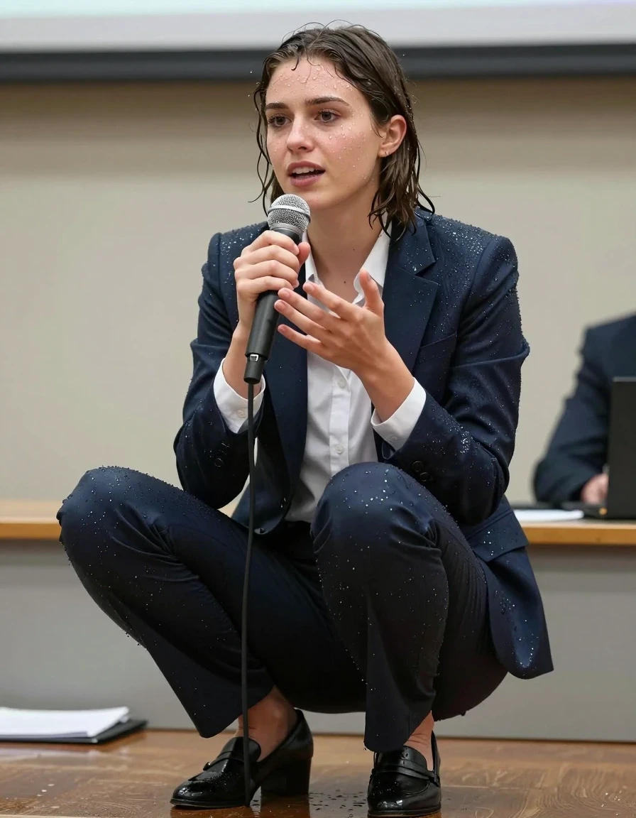 photo of young woman, in soaking wet, drenched clothes,
Shoes , Office trousers or skirt, Shirt and jacket, Speech in conference, 
enjoying, wet clothes stuck to body,
detailed textures of the wet clothes, wet face, wet plastered hair,
wet, drenched, professional, high-quality details, full body view.
sharp focus, ultra-high pixel detail, realistic, high-quality, full colors, incredibly detailed, 4k, 8k, 16k, hyper-realistic, RAW photo, masterpiece, ultra-detailed, professionally color graded, professional photograph, Teenager smiling, wet skin, wet clothes, damp fabric