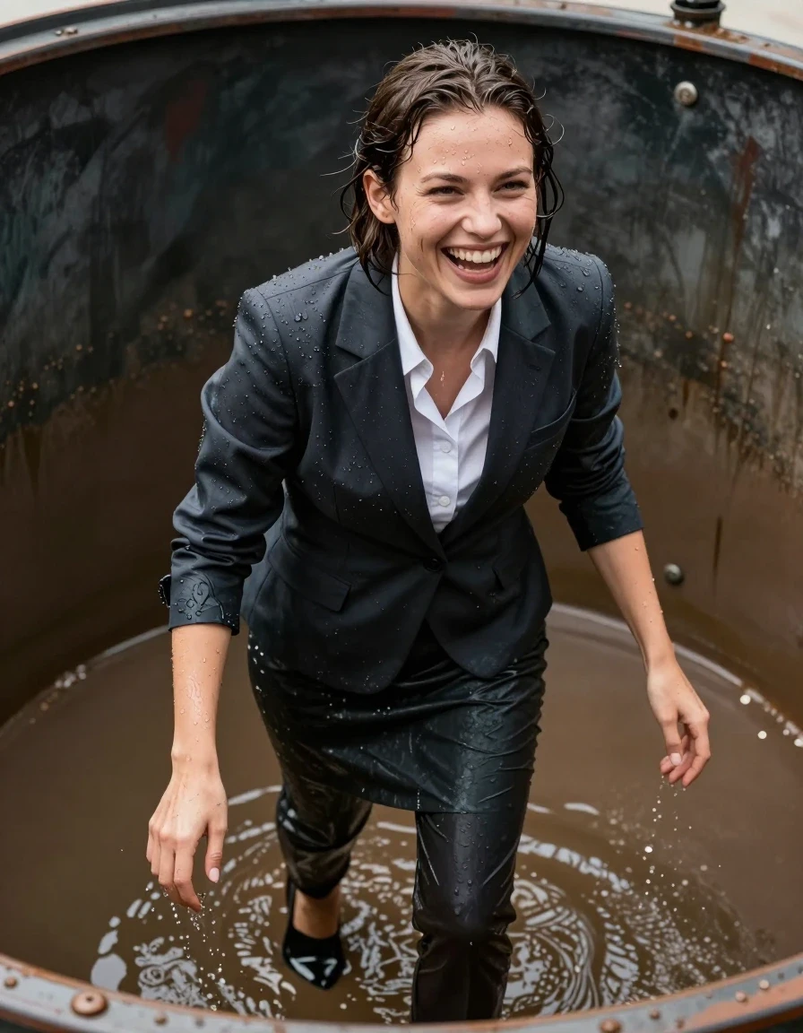 photo of young woman, in soaking wet, drenched clothes,
Shoes, Office trousers or skirt, Office shirt and jacket, In a gunge tank, 
enjoying, wet clothes stuck to body,
detailed textures of the wet clothes, wet face, wet plastered hair,
wet, drenched, professional, high-quality details, full body view.
sharp focus, ultra-high pixel detail, realistic, high-quality, full colors, incredibly detailed, 4k, 8k, 16k, hyper-realistic, RAW photo, masterpiece, ultra-detailed, professionally color graded, professional photograph, Covered with gunge, laughing, wet skin, wet clothes, damp fabric