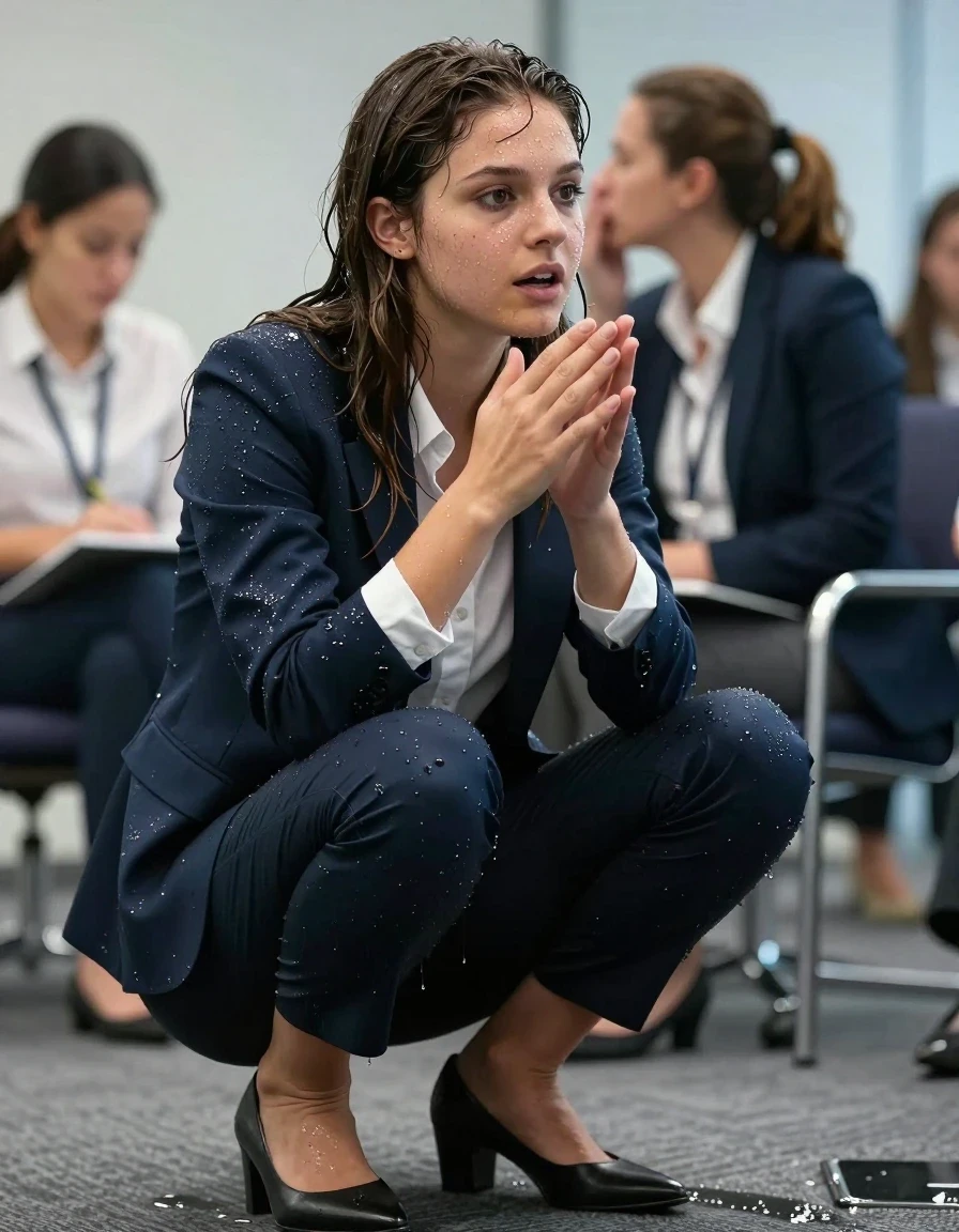 photo of young woman, in soaking wet, drenched clothes,
Shoes , Office trousers or skirt, Shirt and jacket, Speech in conference, 
enjoying, wet clothes stuck to body,
detailed textures of the wet clothes, wet face, wet plastered hair,
wet, drenched, professional, high-quality details, full body view.
sharp focus, ultra-high pixel detail, realistic, high-quality, full colors, incredibly detailed, 4k, 8k, 16k, hyper-realistic, RAW photo, masterpiece, ultra-detailed, professionally color graded, professional photograph, Teenager kissing boss., wet skin, wet clothes, damp fabric
