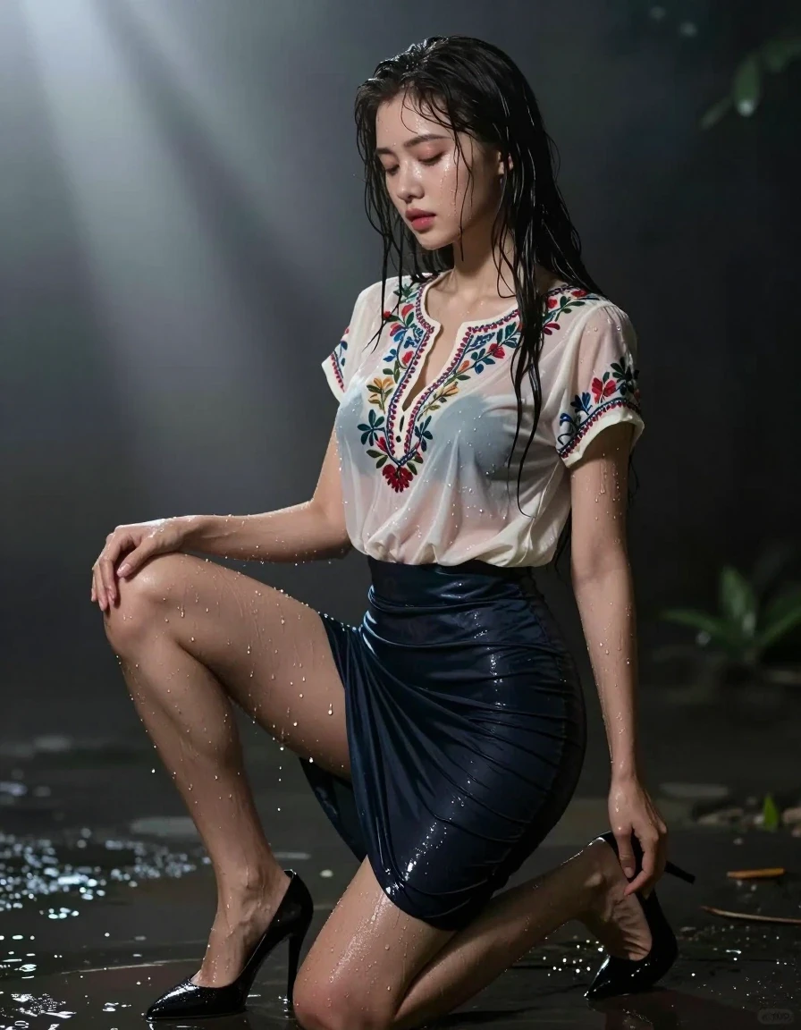 photo of young woman, in soaking wet, drenched clothes,
heels, Tight polyester skirt, Embroidery blouse, Pitch dark , 
enjoying, wet clothes stuck to body,
detailed textures of the wet clothes, wet face, wet plastered hair,
wet, drenched, professional, high-quality details, full body view.
sharp focus, ultra-high pixel detail, realistic, high-quality, full colors, incredibly detailed, 4k, 8k, 16k, hyper-realistic, RAW photo, masterpiece, ultra-detailed, professionally color graded, professional photograph, Wavy medium straight hair, seducing pose, night, pitch dark, thick fog from window rays, wet skin, wet clothes, damp fabric, seducing another European women touching, wet skin, wet clothes, damp fabric