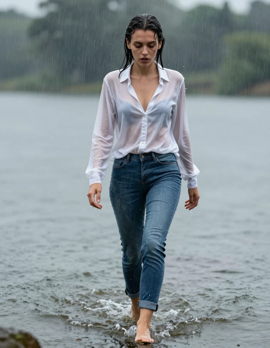 photo of young woman, in soaking wet, drenched clothes,
high-heels, blue jeans, white silk blouse, no underwear, see-through, walking in the lake, 
enjoying, wet clothes stuck to body,
detailed textures of the wet clothes, wet face, wet plastered hair,
wet, drenched, professional, high-quality details, full body view.
sharp focus, ultra-high pixel detail, realistic, high-quality, full colors, incredibly detailed, 4k, 8k, 16k, hyper-realistic, RAW photo, masterpiece, ultra-detailed, professionally color graded, professional photograph, heavy rain, completely soaked, drenched, dripping wet, wet skin, wet clothes, damp fabric