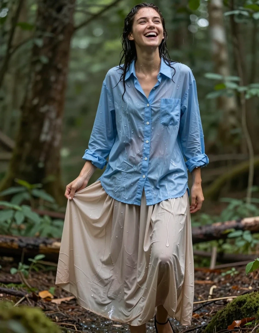 photo of young woman, in soaking wet, drenched clothes,
court shoes, beige floor-length excessively long skirt, oversized long-sleeved buttoned-down light blue shirt, forest, 
enjoying, wet clothes stuck to body,
detailed textures of the wet clothes, wet face, wet plastered hair,
wet, drenched, professional, high-quality details, full body view.
sharp focus, ultra-high pixel detail, realistic, high-quality, full colors, incredibly detailed, 4k, 8k, 16k, hyper-realistic, RAW photo, masterpiece, ultra-detailed, professionally color graded, professional photograph, letting herself get soaked, laughing, wet skin, wet clothes, damp fabric, wet skin, wet clothes, damp fabric