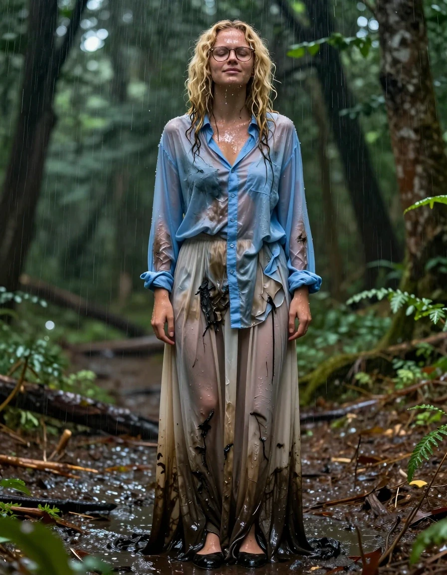 A photorealistic portrait of a young adult European woman with curly blonde hair and glasses standing in a dense, atmospheric forest. She is letting herself get completely soaked by the rain, an expression of peaceful stress relief on her face. Her oversized, long-sleeved light blue buttoned-down shirt is drenched, clinging to her skin, with dark, saturated patches, heavy wet folds, and a translucent quality that reveals the texture of the damp fabric beneath. She wears a floor-length, excessively long beige skirt that is heavy with water, clinging to her legs and dragging on the wet forest floor, its fabric darkened and clinging to her form. On her feet are classic court shoes, slick with water and mud. Her skin is glistening with water droplets and a high-sheen wet texture, and her curly blonde hair is matted and dripping. The lighting is soft and diffused through the forest canopy, highlighting the specular reflections on her wet skin and the heavy, saturated textures of her soaked clothing. High-resolution, 8k, cinematic lighting, hyper-realistic textures, focus on the interaction between water and fabric.