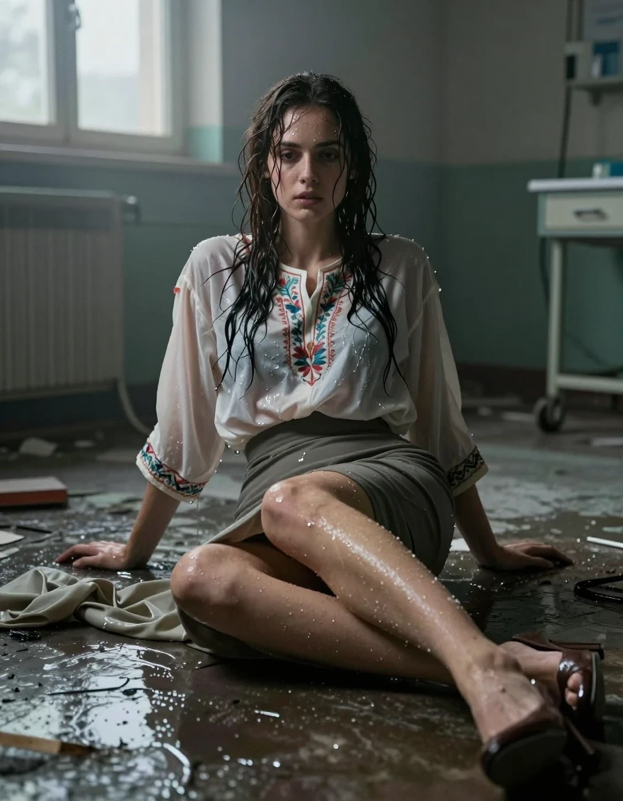 photo of young woman, in soaking wet, drenched clothes,
heels, Tight polyester skirt, Embroidery blouse, Inside dark abandoned western hospital , 
enjoying, wet clothes stuck to body,
detailed textures of the wet clothes, wet face, wet plastered hair,
wet, drenched, professional, high-quality details, full body view.
sharp focus, ultra-high pixel detail, realistic, high-quality, full colors, incredibly detailed, 4k, 8k, 16k, hyper-realistic, RAW photo, masterpiece, ultra-detailed, professionally color graded, professional photograph, Wavy medium straight hair, lying flat down on floor , night, pitch dark, thick fog from window rays, wet skin, wet clothes, damp fabric, wet skin, wet clothes, damp fabric