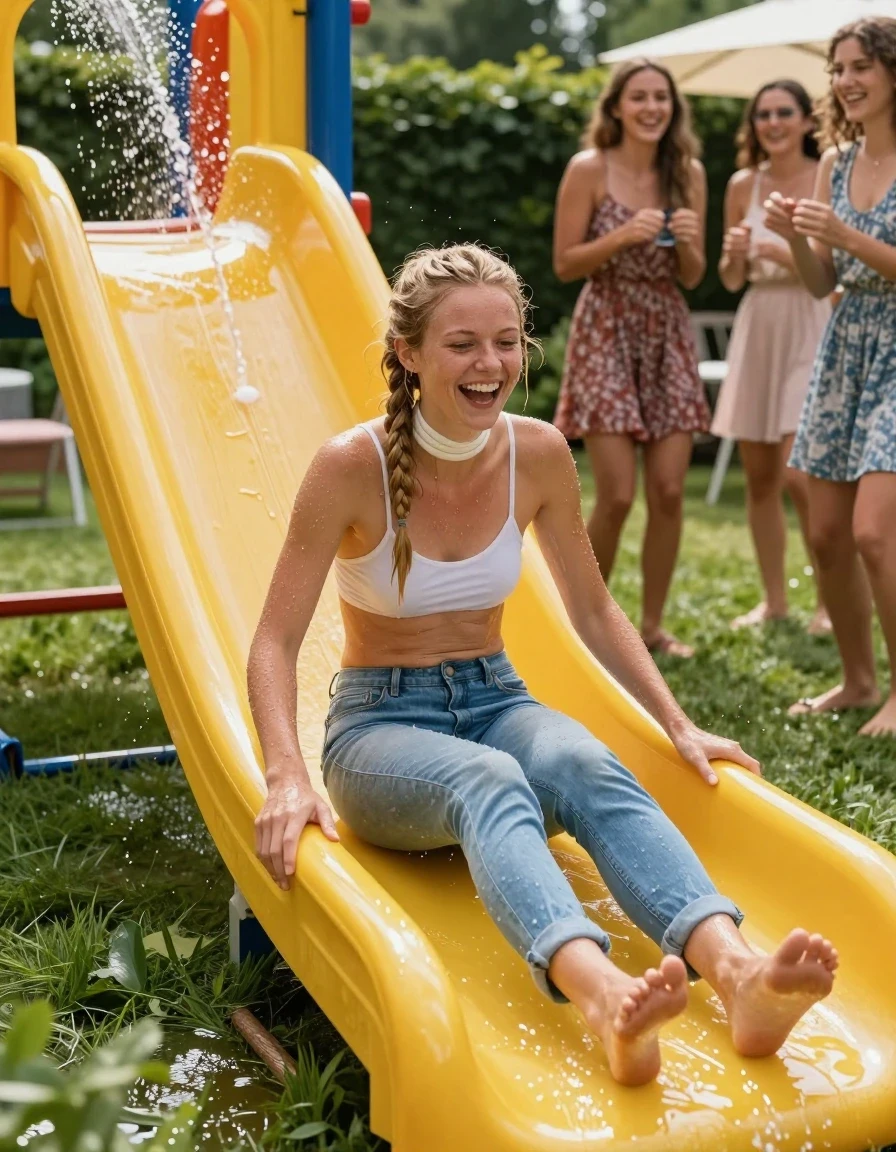 photo of young woman, in soaking wet, drenched clothes,
barefeed, light blue jeans hot pants, white neckholder top, no bra, garden party, 
enjoying, wet clothes stuck to body,
detailed textures of the wet clothes, wet face, wet plastered hair,
wet, drenched, professional, high-quality details, full body view.
sharp focus, ultra-high pixel detail, realistic, high-quality, full colors, incredibly detailed, 4k, 8k, 16k, hyper-realistic, RAW photo, masterpiece, ultra-detailed, professionally color graded, professional photograph, At a garden party, a children’s "slip-and-slide" water slide, made from a sheet of yellow plastic, is set up on the lawn. Water is sprayed onto the surface from the sides, and there are many puddles on the slide. A 25-year-old woman  glides along it on her stomach on the plasic sheet. Her clothing is soaking wet and clings to her body; she is laughing heartily. Next to the slide, three women in cocktail dresses cheer her on. Capture the moment dynamically as she slides along. The weather is beautiful, and the sun is shining. The woman is a "Nordic" type with blonde hair braided into a ponytail or plait., wet skin, wet clothes, damp fabric