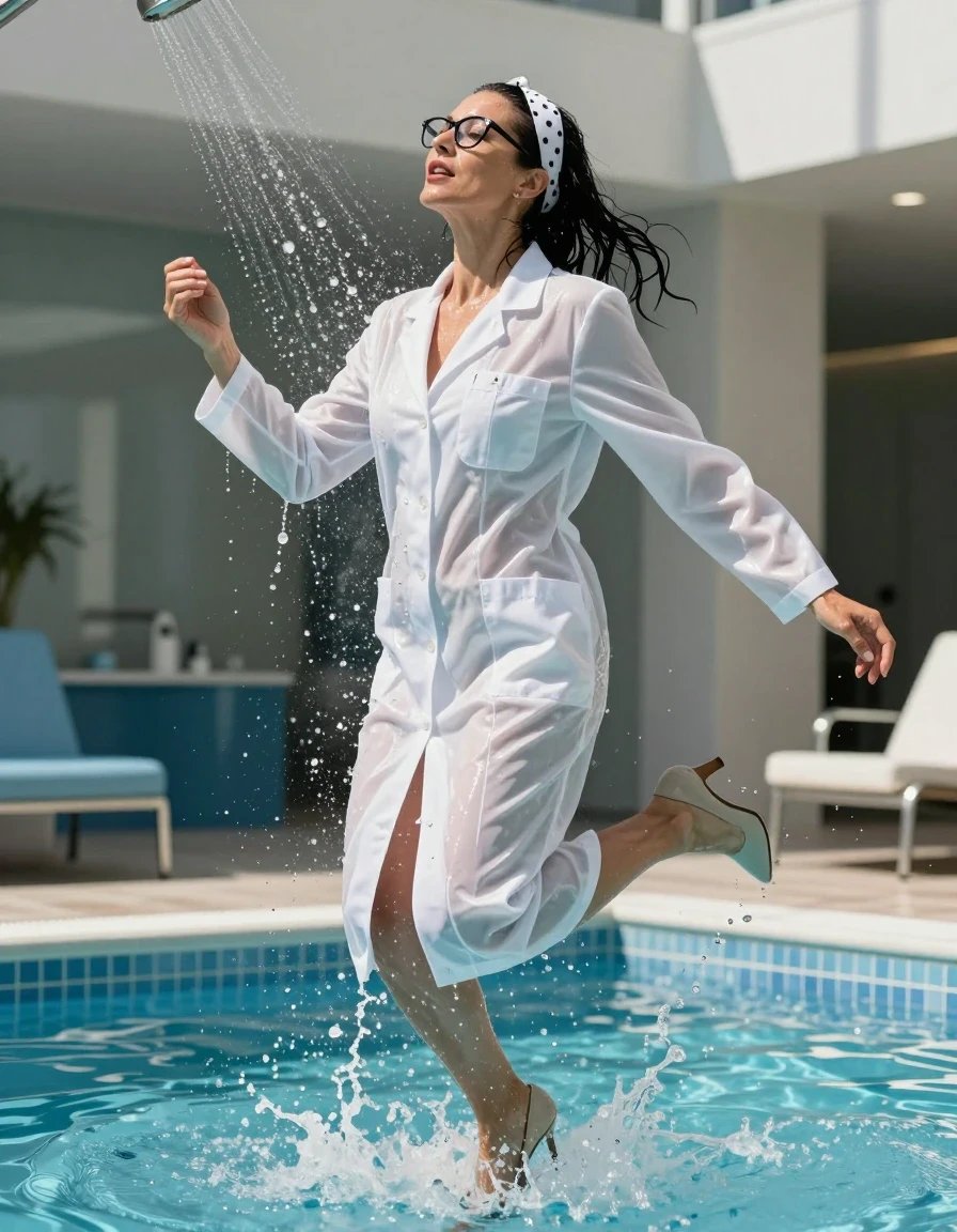 photo of young woman, in soaking wet, drenched clothes,
high-heeled shoes, maxi white shiny labcoat , maxi white shiny labcoat , jumping in the sunny indoor pool, spraying his clothes with the shower, after bath, 
enjoying, wet clothes stuck to body,
detailed textures of the wet clothes, wet face, wet plastered hair,
wet, drenched, professional, high-quality details, full body view.
sharp focus, ultra-high pixel detail, realistic, high-quality, full colors, incredibly detailed, 4k, 8k, 16k, hyper-realistic, RAW photo, masterpiece, ultra-detailed, professionally color graded, professional photograph, europen brunette skinny woman 50 years old, long dark black hair, white polka-dot headband, office glasses, very big and thick lips, complete body, wet skin, wet clothes, damp fabric, wet skin, wet clothes, damp fabric, wet skin, wet clothes, damp fabric, wet skin, wet clothes, damp fabric, wet skin, wet clothes, damp fabric, wet skin, wet clothes, damp fabric, wet skin, wet clothes, damp fabric
