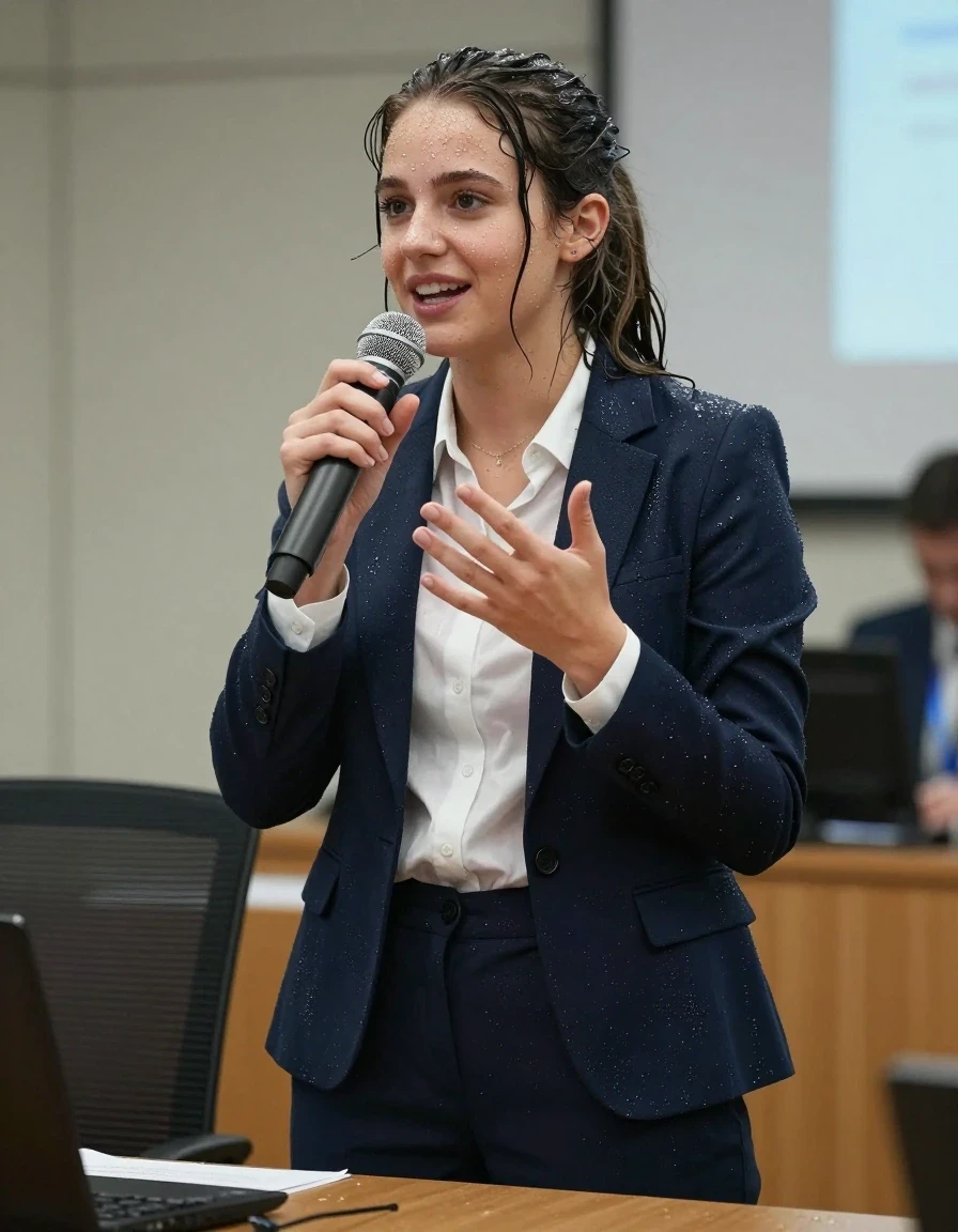 photo of young woman, in soaking wet, drenched clothes,
Shoes , Office trousers or skirt, Opened shirt and jacket, Speech in conference, 
enjoying, wet clothes stuck to body,
detailed textures of the wet clothes, wet face, wet plastered hair,
wet, drenched, professional, high-quality details, full body view.
sharp focus, ultra-high pixel detail, realistic, high-quality, full colors, incredibly detailed, 4k, 8k, 16k, hyper-realistic, RAW photo, masterpiece, ultra-detailed, professionally color graded, professional photograph, Teenager smiling. Boobs are visible., wet skin, wet clothes, damp fabric