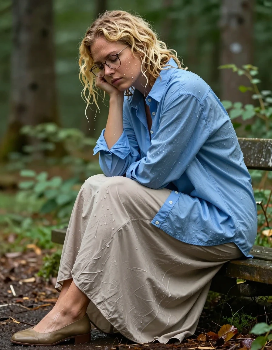 photo of young woman, in soaking wet, drenched clothes,
court shoes, beige floor-length excessively long skirt, oversized long-sleeved buttoned-down light blue shirt, forest, 
enjoying, wet clothes stuck to body,
detailed textures of the wet clothes, wet face, wet plastered hair,
wet, drenched, professional, high-quality details, full body view.
sharp focus, ultra-high pixel detail, realistic, high-quality, full colors, incredibly detailed, 4k, 8k, 16k, hyper-realistic, RAW photo, masterpiece, ultra-detailed, professionally color graded, professional photograph, blonde curly hair with glasses,letting herself get soaked, relieves stress, wet skin, wet clothes, damp fabric, wet skin, wet clothes, damp fabric, wet skin, wet clothes, damp fabric