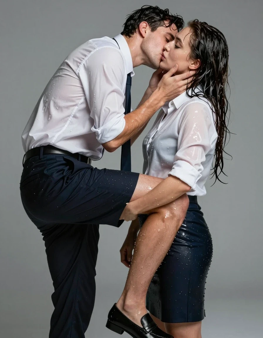 photo of young woman, in soaking wet, drenched clothes,
Shoes, Skirt or trousers, Office shirt, Student party, 
enjoying, wet clothes stuck to body,
detailed textures of the wet clothes, wet face, wet plastered hair,
wet, drenched, professional, high-quality details, full body view.
sharp focus, ultra-high pixel detail, realistic, high-quality, full colors, incredibly detailed, 4k, 8k, 16k, hyper-realistic, RAW photo, masterpiece, ultra-detailed, professionally color graded, professional photograph, Kissing guy, wet skin, wet clothes, damp fabric