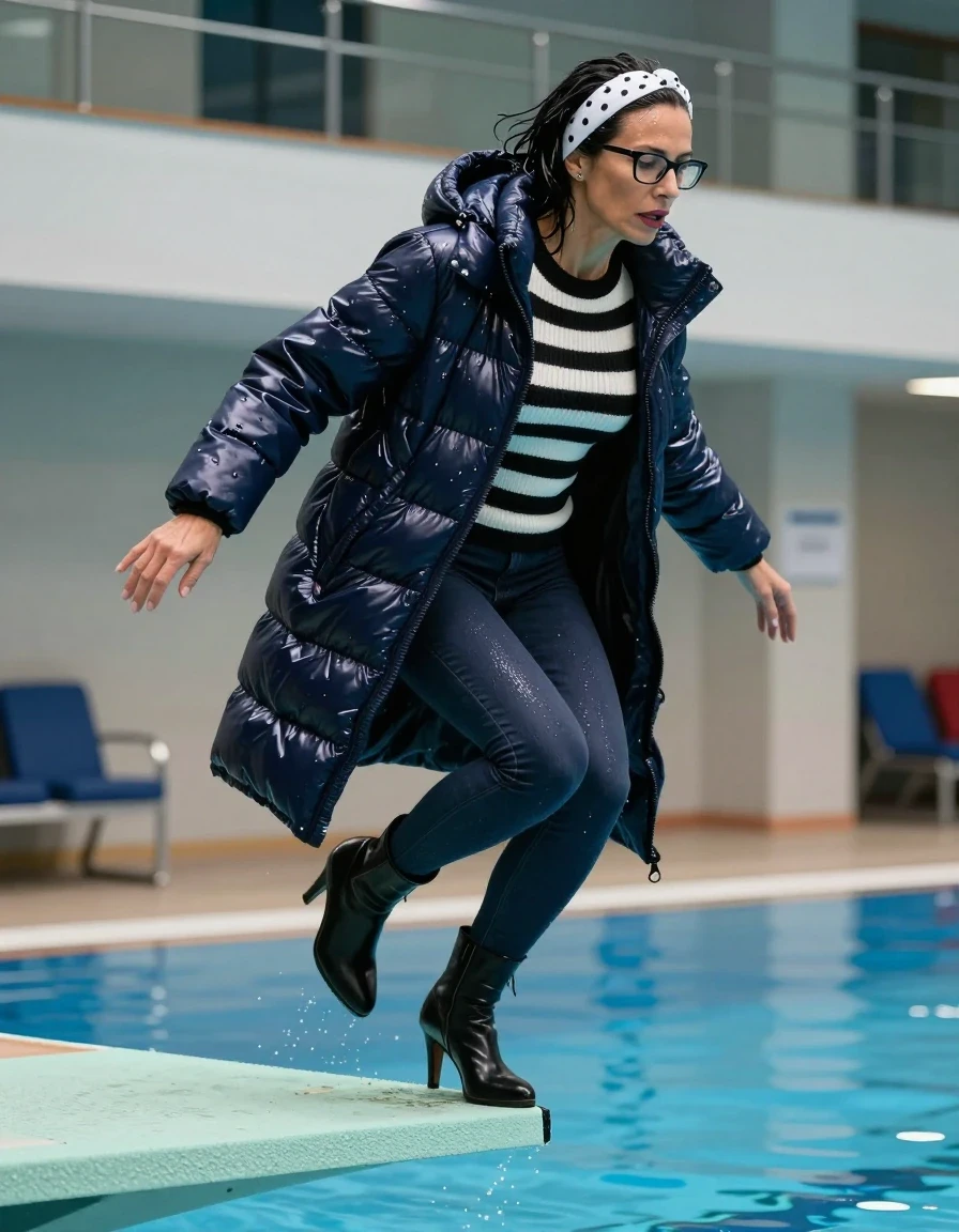 photo of young woman, in soaking wet, drenched clothes,
high-heeled boots, long dark blue shiny tight jeans, long black & white striped shiny sweater, maxi dark blue shiny down jacket, jumping from the diving board into the water of the indoor pool, 
enjoying, wet clothes stuck to body,
detailed textures of the wet clothes, wet face, wet plastered hair,
wet, drenched, professional, high-quality details, full body view.
sharp focus, ultra-high pixel detail, realistic, high-quality, full colors, incredibly detailed, 4k, 8k, 16k, hyper-realistic, RAW photo, masterpiece, ultra-detailed, professionally color graded, professional photograph, europen brunette skinny woman 50 years old, long dark black hair, white polka-dot headband, office glasses, very big and thick lips, complete body, wet skin, wet clothes, damp fabric, wet skin, wet clothes, damp fabric, wet skin, wet clothes, damp fabric, wet skin, wet clothes, damp fabric, wet skin, wet clothes, damp fabric, wet skin, wet clothes, damp fabric, wet skin, wet clothes, damp fabric
