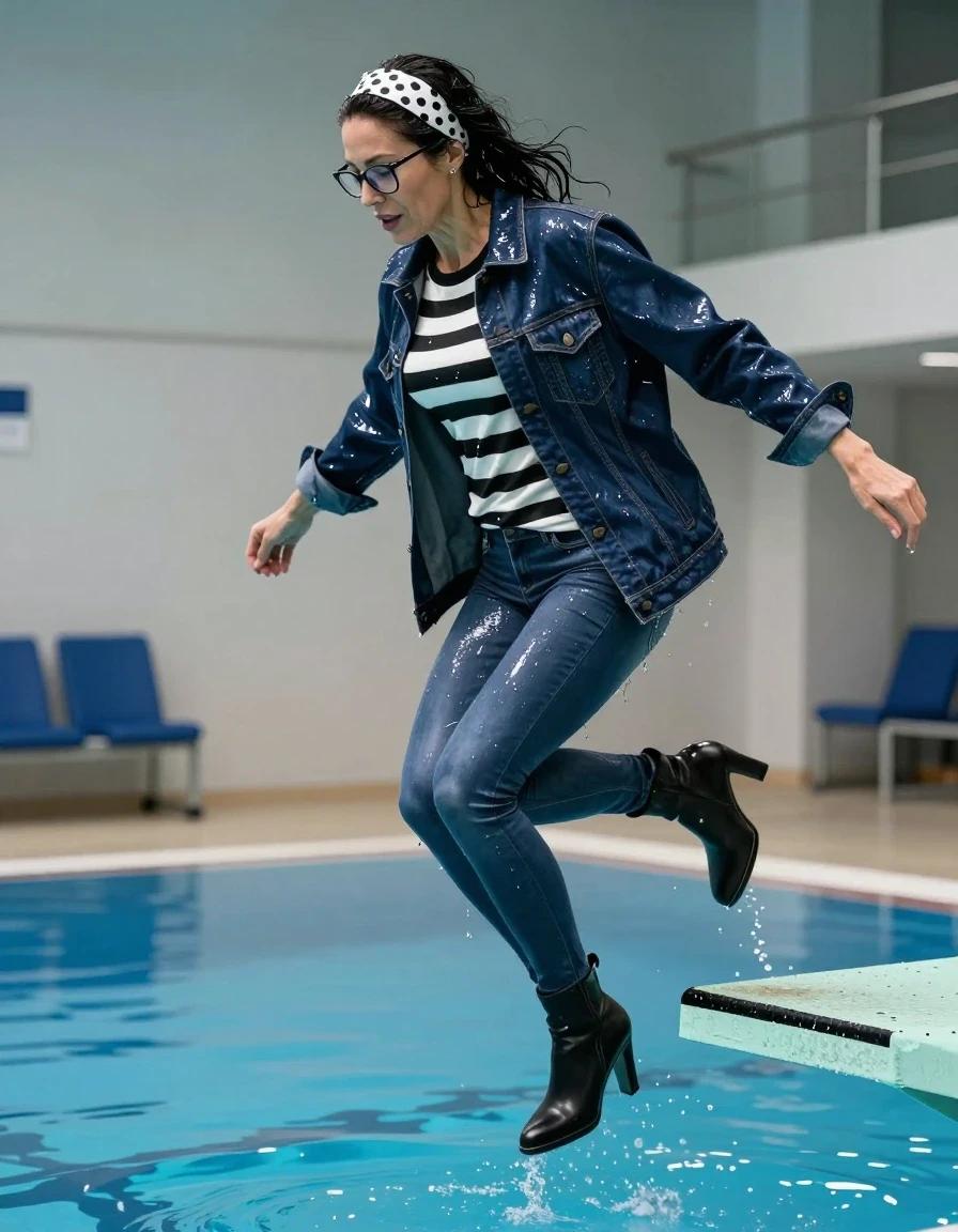 photo of young woman, in soaking wet, drenched clothes,
high-heeled boots, long blue shiny tight jeans, long black & white striped shiny sweater, maxi dark blue shiny denim jacket, jumping from the diving board into the water of the indoor pool, 
enjoying, wet clothes stuck to body,
detailed textures of the wet clothes, wet face, wet plastered hair,
wet, drenched, professional, high-quality details, full body view.
sharp focus, ultra-high pixel detail, realistic, high-quality, full colors, incredibly detailed, 4k, 8k, 16k, hyper-realistic, RAW photo, masterpiece, ultra-detailed, professionally color graded, professional photograph, europen brunette skinny woman 50 years old, long dark black hair, white polka-dot headband, office glasses, very big and thick lips, complete body, wet skin, wet clothes, damp fabric, wet skin, wet clothes, damp fabric, wet skin, wet clothes, damp fabric, wet skin, wet clothes, damp fabric, wet skin, wet clothes, damp fabric, wet skin, wet clothes, damp fabric, wet skin, wet clothes, damp fabric