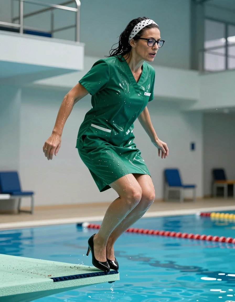 photo of young woman, in soaking wet, drenched clothes,
high-heeled shoes, green shiny scrubs with skirt, green shiny scrubs with skirt, jumping from the diving board into the water of the indoor pool, 
enjoying, wet clothes stuck to body,
detailed textures of the wet clothes, wet face, wet plastered hair,
wet, drenched, professional, high-quality details, full body view.
sharp focus, ultra-high pixel detail, realistic, high-quality, full colors, incredibly detailed, 4k, 8k, 16k, hyper-realistic, RAW photo, masterpiece, ultra-detailed, professionally color graded, professional photograph, europen brunette skinny woman 50 years old, long dark black hair, white polka-dot headband, office glasses, very big and thick lips, complete body, wet skin, wet clothes, damp fabric, wet skin, wet clothes, damp fabric, wet skin, wet clothes, damp fabric, wet skin, wet clothes, damp fabric, wet skin, wet clothes, damp fabric, wet skin, wet clothes, damp fabric, wet skin, wet clothes, damp fabric