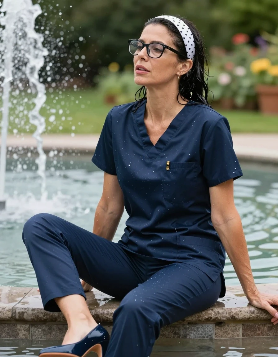 photo of young woman, in soaking wet, drenched clothes,
high-heeled shoes, dark blue shiny scrubs, dark blue shiny scrubs, sitting in water in the sunny garden fountain, after bath , 
enjoying, wet clothes stuck to body,
detailed textures of the wet clothes, wet face, wet plastered hair,
wet, drenched, professional, high-quality details, full body view.
sharp focus, ultra-high pixel detail, realistic, high-quality, full colors, incredibly detailed, 4k, 8k, 16k, hyper-realistic, RAW photo, masterpiece, ultra-detailed, professionally color graded, professional photograph, europen brunette skinny woman 50 years old, long dark black hair, white polka-dot headband, office glasses, very big and thick lips, complete body, wet skin, wet clothes, damp fabric, wet skin, wet clothes, damp fabric, wet skin, wet clothes, damp fabric, wet skin, wet clothes, damp fabric, wet skin, wet clothes, damp fabric, wet skin, wet clothes, damp fabric, wet skin, wet clothes, damp fabric
