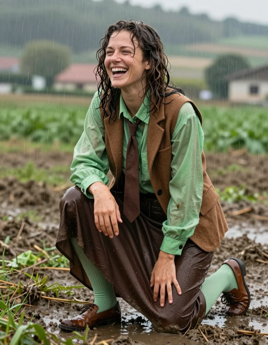 photo of young woman, in soaking wet, drenched clothes,
muddy brown court shoes, dark brown floor-length skirt, muddy light green stockings, brown cashmere blazer, oversized light green long-sleeved shirt, brown necktie, village fields during rainstorm, 
enjoying, wet clothes stuck to body,
detailed textures of the wet clothes, wet face, wet plastered hair,
wet, drenched, professional, high-quality details, full body view.
sharp focus, ultra-high pixel detail, realistic, high-quality, full colors, incredibly detailed, 4k, 8k, 16k, hyper-realistic, RAW photo, masterpiece, ultra-detailed, professionally color graded, professional photograph, late-30s curly haired brunette getting to her knees in the rain getting muddy, laughing in a post-orgasmic state, wet skin, wet clothes, damp fabric