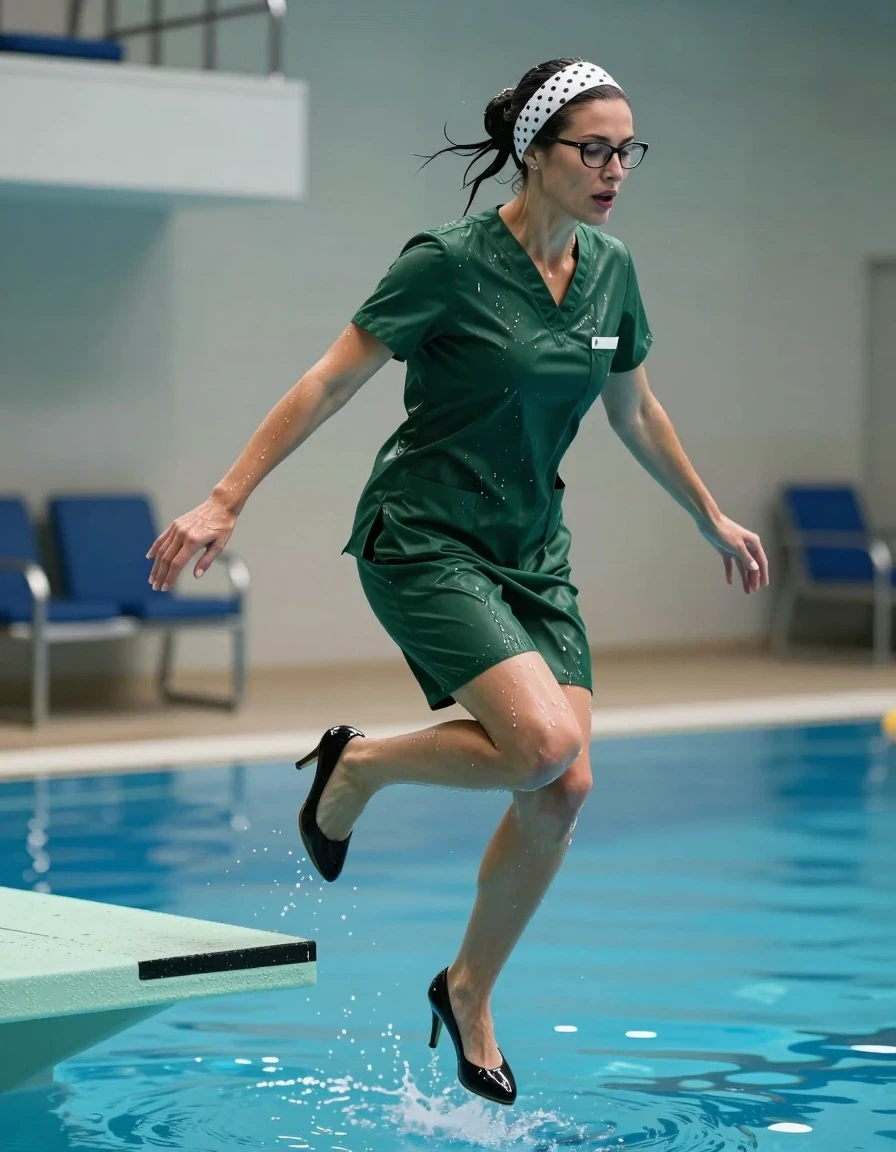 photo of young woman, in soaking wet, drenched clothes,
high-heeled shoes, dark green shiny scrubs with skirt, dark green shiny scrubs with skirt, jumping from the diving board into the water of the indoor pool, 
enjoying, wet clothes stuck to body,
detailed textures of the wet clothes, wet face, wet plastered hair,
wet, drenched, professional, high-quality details, full body view.
sharp focus, ultra-high pixel detail, realistic, high-quality, full colors, incredibly detailed, 4k, 8k, 16k, hyper-realistic, RAW photo, masterpiece, ultra-detailed, professionally color graded, professional photograph, european brunette skinny woman 50 years old, long dark black hair, white polka-dot headband, office glasses, very big and thick lips, complete body, wet skin, wet clothes, damp fabric, wet skin, wet clothes, damp fabric, wet skin, wet clothes, damp fabric, wet skin, wet clothes, damp fabric, wet skin, wet clothes, damp fabric, wet skin, wet clothes, damp fabric, wet skin, wet clothes, damp fabric