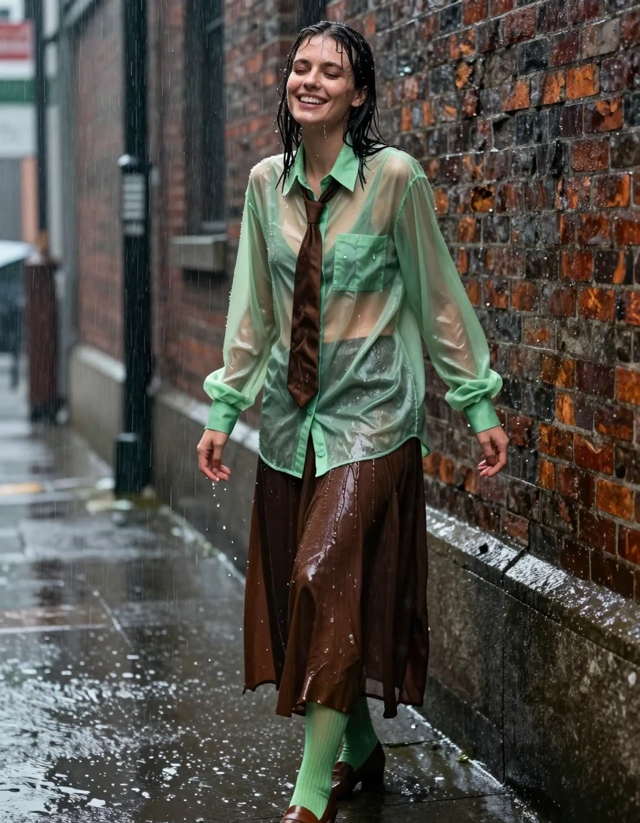 A photorealistic medium shot of a young adult European woman with wet, rain-slicked hair and skin, caught in a heavy rainstorm on a city street. She is wearing an oversized light green transparent long-sleeved shirt that is soaking wet, clinging to her skin, and revealing the texture beneath, paired with a brown necktie. She wears a dark brown floor-length skirt made of heavy fabric that is saturated with water, dark, and clinging to her legs, with light green stockings visible beneath the hem. She is wearing brown court shoes. She is leaning against a textured brick wall, her expression one of intense pleasure and ecstasy as she is drenched by the downpour, her body language conveying the sensation of the cold rain on her skin. The scene is illuminated by moody, diffused street lighting reflecting off the wet pavement and water-sheened surfaces. High-detail photography, hyper-realistic wet textures, water droplets cascading down her face and clothing, deep color saturation in the soaked fabrics, cinematic composition, sharp focus on the subject, 8k resolution, professional photography.