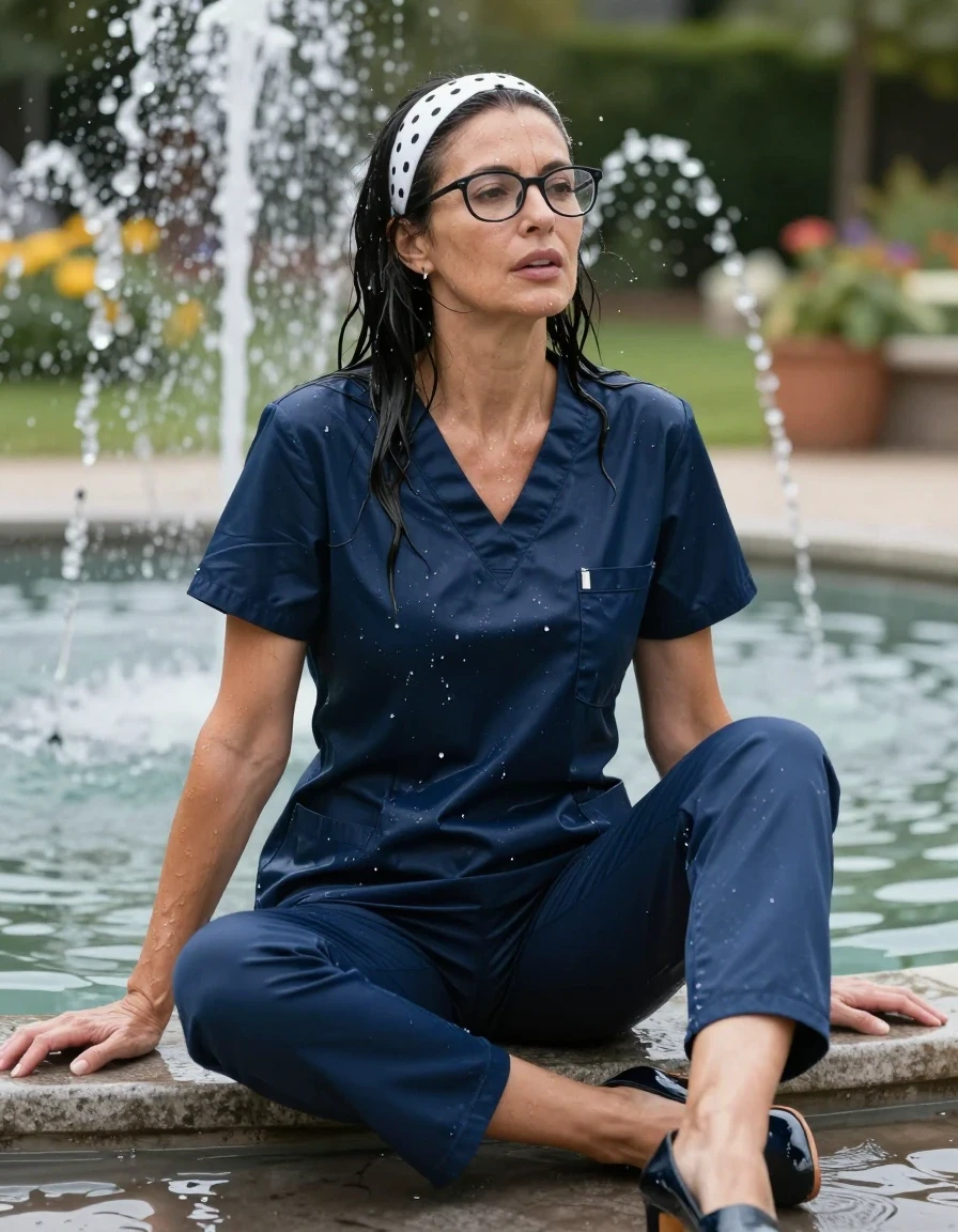 photo of young woman, in soaking wet, drenched clothes,
high-heeled shoes, dark blue shiny scrubs, dark blue shiny scrubs, sitting in water in the sunny garden fountain, after bath , 
enjoying, wet clothes stuck to body,
detailed textures of the wet clothes, wet face, wet plastered hair,
wet, drenched, professional, high-quality details, full body view.
sharp focus, ultra-high pixel detail, realistic, high-quality, full colors, incredibly detailed, 4k, 8k, 16k, hyper-realistic, RAW photo, masterpiece, ultra-detailed, professionally color graded, professional photograph, europen brunette skinny woman 50 years old, long dark black hair, white polka-dot headband, office glasses, very big and thick lips, complete body, wet skin, wet clothes, damp fabric, wet skin, wet clothes, damp fabric, wet skin, wet clothes, damp fabric, wet skin, wet clothes, damp fabric, wet skin, wet clothes, damp fabric, wet skin, wet clothes, damp fabric, wet skin, wet clothes, damp fabric