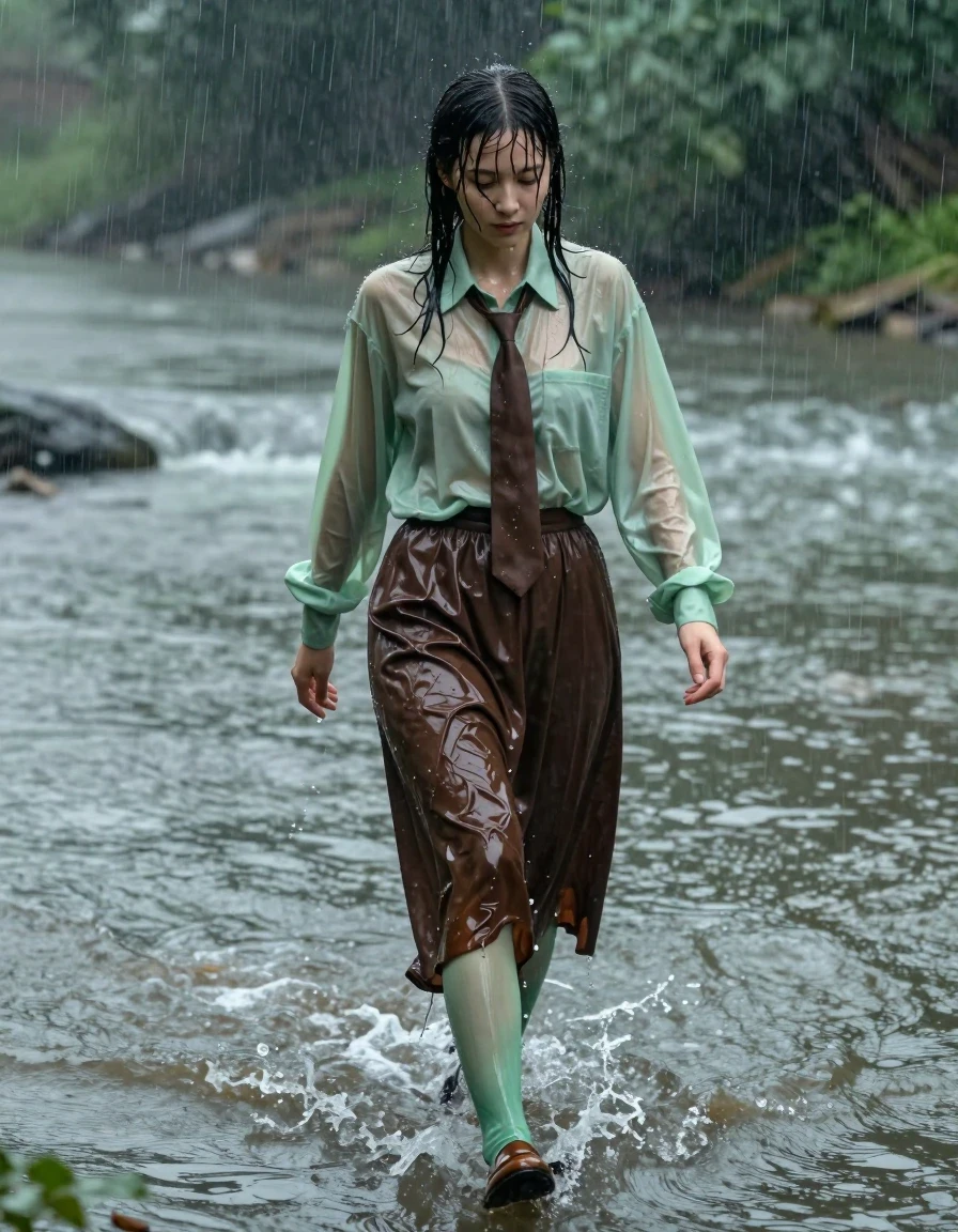 A photorealistic medium shot of a young adult European woman walking through a shallow river during a torrential rainstorm. She is wearing an oversized light green long-sleeved shirt that is heavily soaked and clinging to her skin, paired with a dark brown floor-length skirt that is waterlogged, heavy, and dragging through the current. Beneath the skirt, light green stockings are visible, soaked to a translucent sheen. A brown necktie hangs loosely around her collar, dark and saturated with water. She wears brown court shoes that are submerged and glistening with wetness. Her hair is plastered to her face and shoulders by the rain, and her skin has a high-gloss, wet sheen. She is captured in a quiet, serene expression, wading through the splashing water as rain streaks the air around her. The lighting is moody and overcast, emphasizing the deep, dark tones of the drenched fabric and the reflective, rippling surface of the river. Highly detailed textures, realistic water physics, cinematic composition, 8k resolution, sharp focus on the subject.