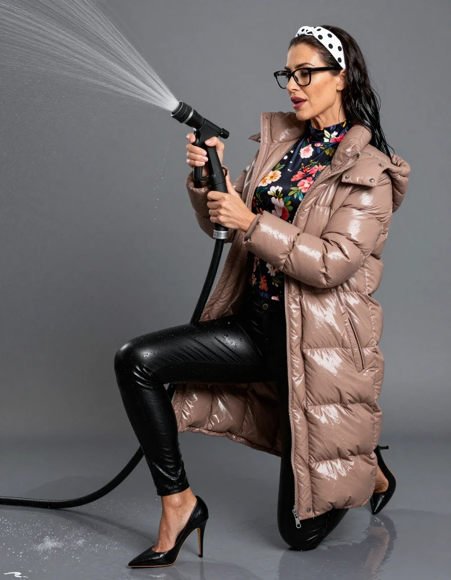 photo of young woman, in soaking wet, drenched clothes,
high-heeled shoes, shiny black leather jeans, shiny high-neck floral t-shirt with long sleeves, maxi light brown shiny down jacket, pouring water with the hose on, 
enjoying, wet clothes stuck to body,
detailed textures of the wet clothes, wet face, wet plastered hair,
wet, drenched, professional, high-quality details, full body view.
sharp focus, ultra-high pixel detail, realistic, high-quality, full colors, incredibly detailed, 4k, 8k, 16k, hyper-realistic, RAW photo, masterpiece, ultra-detailed, professionally color graded, professional photograph, european brunette skinny woman 50 years old, long dark black hair, white polka-dot headband, office glasses, very big and thick lips, complete body, wet skin, wet clothes, damp fabric, wet skin, wet clothes, damp fabric, wet skin, wet clothes, damp fabric, wet skin, wet clothes, damp fabric, wet skin, wet clothes, damp fabric, wet skin, wet clothes, damp fabric, wet skin, wet clothes, damp fabric