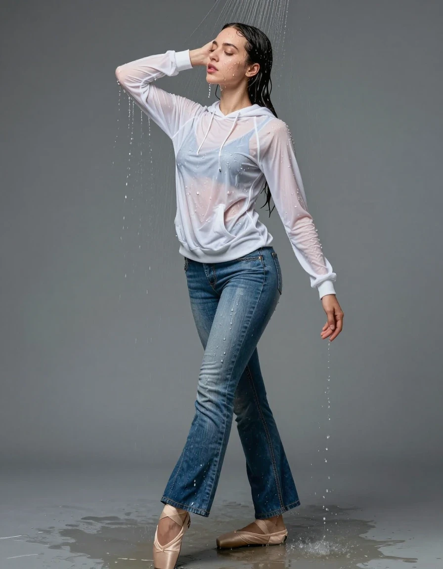photo of young woman, in soaking wet, drenched clothes,
white ballerinas, nylon socks, blue bell jeans, white hoodie, shower, 
enjoying, wet clothes stuck to body,
detailed textures of the wet clothes, wet face, wet plastered hair,
wet, drenched, professional, high-quality details, full body view.
sharp focus, ultra-high pixel detail, realistic, high-quality, full colors, incredibly detailed, 4k, 8k, 16k, hyper-realistic, RAW photo, masterpiece, ultra-detailed, professionally color graded, professional photograph, standing under shower, wet skin, wet clothes, damp fabric
