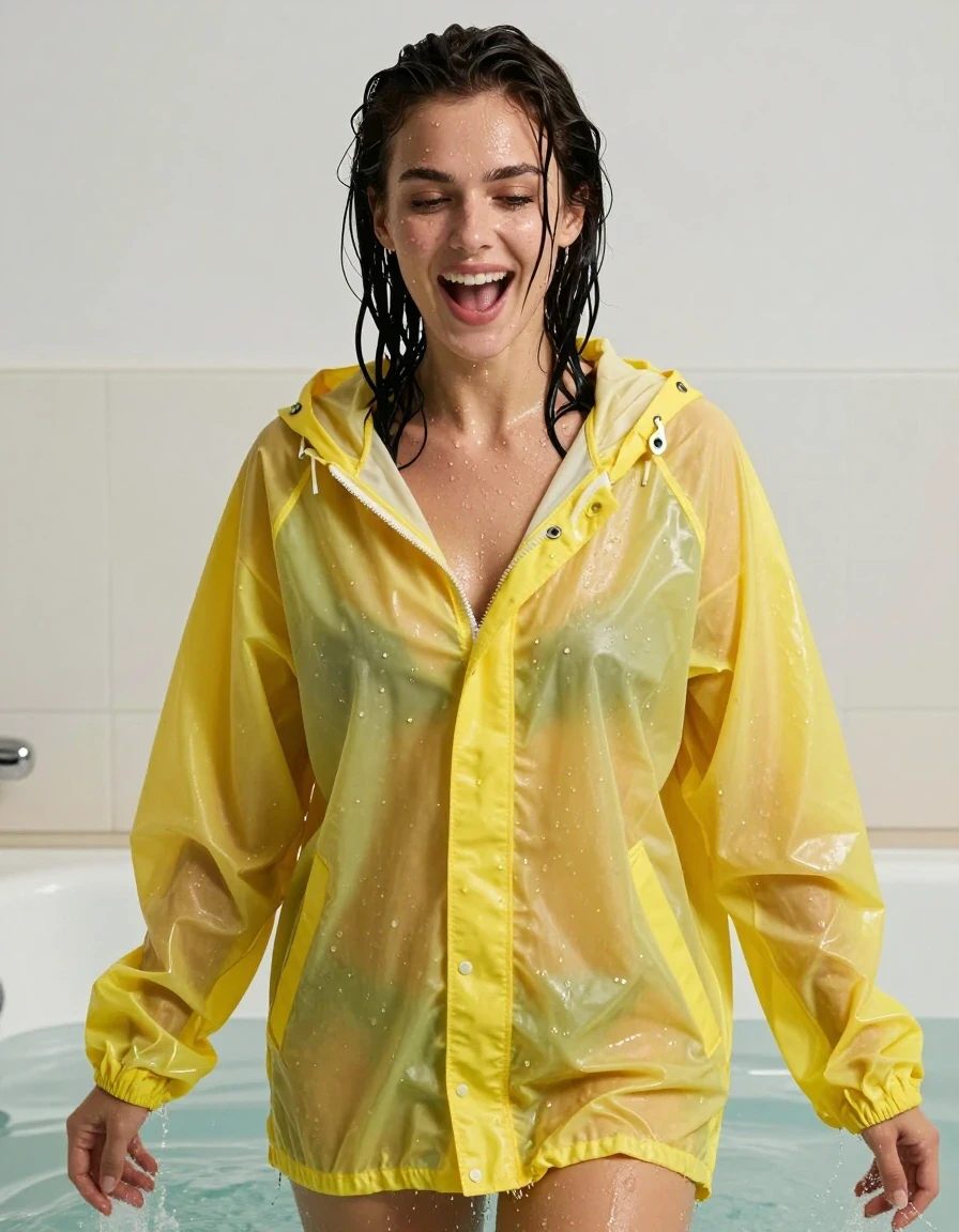 photo of young woman, in soaking wet, drenched clothes,
No socks , No underwear , Bright yellow see  through Oversized ultra light weight rainjacket zipped up. , In the over flowing bath tub soaking wet  emerging from beneath the water. , 
enjoying, wet clothes stuck to body,
detailed textures of the wet clothes, wet face, wet plastered hair,
wet, drenched, professional, high-quality details, full body view.
sharp focus, ultra-high pixel detail, realistic, high-quality, full colors, incredibly detailed, 4k, 8k, 16k, hyper-realistic, RAW photo, masterpiece, ultra-detailed, professionally color graded, professional photograph, Her black  hair is soaking wet and dripping with water. Her hair slicked back.  Her clothes are soaking wet and cling to her nude form. She's very aroused and happy, wet skin, wet clothes, damp fabric, wet skin, wet clothes, damp fabric