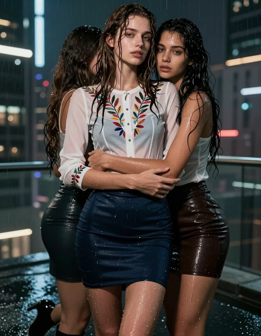 photo of young woman, in soaking wet, drenched clothes,
heels, Tight polyester skirt, Embroidery shirt skin tight , futuristic city, 
enjoying, wet clothes stuck to body,
detailed textures of the wet clothes, wet face, wet plastered hair,
wet, drenched, professional, high-quality details, full body view.
sharp focus, ultra-high pixel detail, realistic, high-quality, full colors, incredibly detailed, 4k, 8k, 16k, hyper-realistic, RAW photo, masterpiece, ultra-detailed, professionally color graded, professional photograph, Wavy medium straight hair, seducing pose, night, wet skin, wet clothes, damp fabric, another women hugging tightly, wet skin, wet clothes, damp fabric