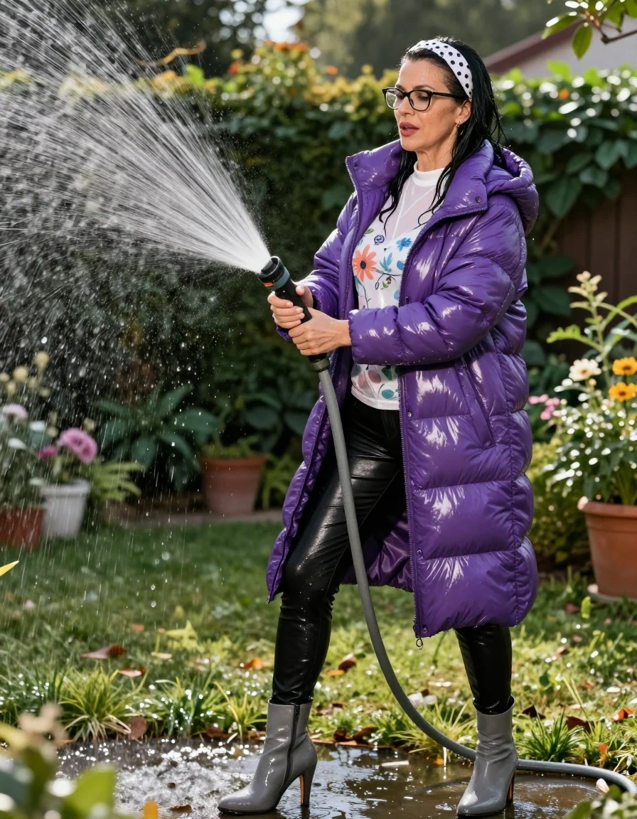 photo of young woman, in soaking wet, drenched clothes,
high-heeled gray boots, shiny black leather jeans, shiny high-neck white floral t-shirt with long sleeves, maxi purple shiny down jacket, pouring water with the hose on, in sunny garden, 
enjoying, wet clothes stuck to body,
detailed textures of the wet clothes, wet face, wet plastered hair,
wet, drenched, professional, high-quality details, full body view.
sharp focus, ultra-high pixel detail, realistic, high-quality, full colors, incredibly detailed, 4k, 8k, 16k, hyper-realistic, RAW photo, masterpiece, ultra-detailed, professionally color graded, professional photograph, european brunette skinny woman 50 years old, long dark black hair, white polka-dot headband, office glasses, very big and thick lips, complete body, wet skin, wet clothes, damp fabric, wet skin, wet clothes, damp fabric, wet skin, wet clothes, damp fabric, wet skin, wet clothes, damp fabric, wet skin, wet clothes, damp fabric, wet skin, wet clothes, damp fabric, wet skin, wet clothes, damp fabric