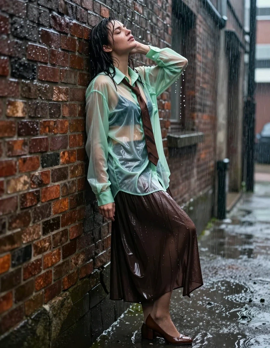 A photorealistic full-body shot of a young adult European woman in a rain-drenched urban alleyway. She is wearing an oversized light green transparent long-sleeved shirt that is clinging to her skin, revealing a brown necktie underneath. She wears a dark brown floor-length skirt and sheer stockings, paired with brown court shoes. The fabric of the skirt and shirt is heavily soaked, darkened by the rain, clinging to her body with realistic heavy wet folds and a translucent sheen. She is leaning against a damp brick wall, her hair plastered to her face, eyes closed in a blissful, intense expression of pleasure as she experiences an orgasm from the torrential downpour. The scene is strictly wet with no mud or dirt present. Sharp focus, cinematic lighting, glistening water droplets on skin, high-contrast specular reflections, 8k resolution, professional photography.