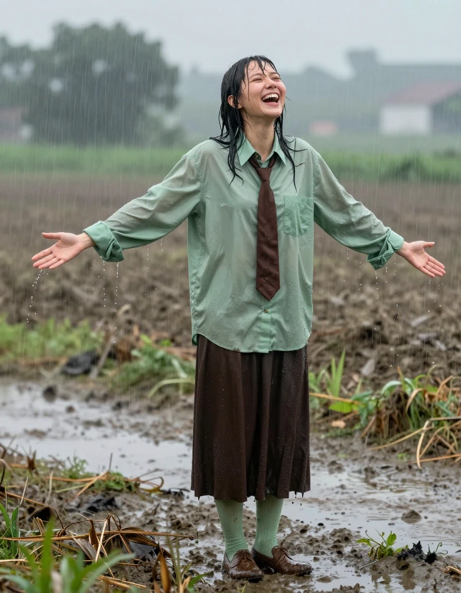 photo of young woman, in soaking wet, drenched clothes,
muddy brown court shoes, dark brown floor-length skirt, muddy light green stockings, oversized light green long-sleeved shirt, brown necktie, empty fields during rainstorm, 
enjoying, wet clothes stuck to body,
detailed textures of the wet clothes, wet face, wet plastered hair,
wet, drenched, professional, high-quality details, full body view.
sharp focus, ultra-high pixel detail, realistic, high-quality, full colors, incredibly detailed, 4k, 8k, 16k, hyper-realistic, RAW photo, masterpiece, ultra-detailed, professionally color graded, professional photograph, sating in the rain with open arms, laughing joyfully, enjoying the rain, wet skin, wet clothes, damp fabric, wet skin, wet clothes, damp fabric