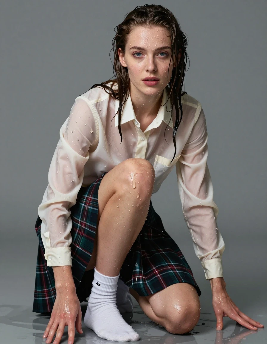 photo of young woman, in soaking wet, drenched clothes,
Socks, Tartan skirt, Cream long sleeve school shirt , , 
enjoying, wet clothes stuck to body,
detailed textures of the wet clothes, wet face, wet plastered hair,
wet, drenched, professional, high-quality details, full body view.
sharp focus, ultra-high pixel detail, realistic, high-quality, full colors, incredibly detailed, 4k, 8k, 16k, hyper-realistic, RAW photo, masterpiece, ultra-detailed, professionally color graded, professional photograph, wet skin, wet clothes, damp fabric