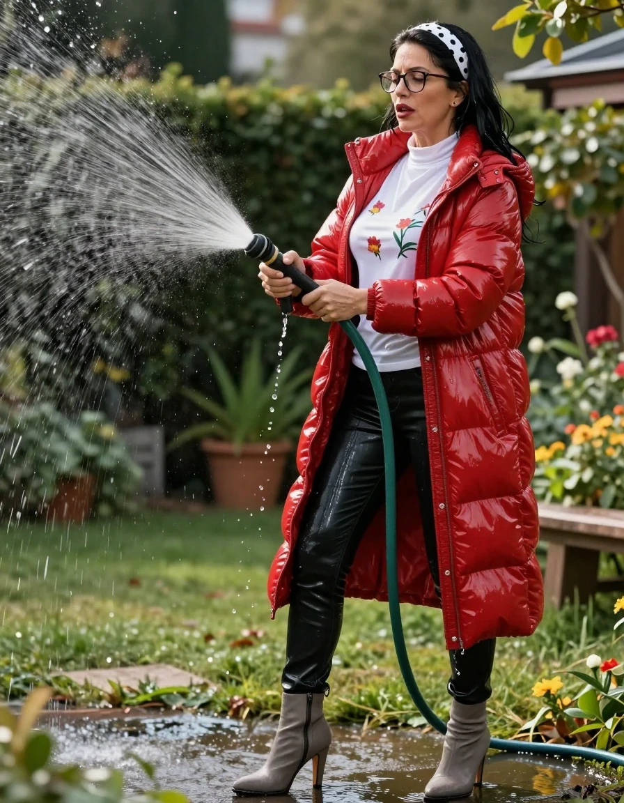photo of young woman, in soaking wet, drenched clothes,
high-heeled gray boots, shiny black leather jeans, shiny high-neck white floral t-shirt with long sleeves, maxi red shiny down jacket, pouring water with the hose on, in sunny garden, 
enjoying, wet clothes stuck to body,
detailed textures of the wet clothes, wet face, wet plastered hair,
wet, drenched, professional, high-quality details, full body view.
sharp focus, ultra-high pixel detail, realistic, high-quality, full colors, incredibly detailed, 4k, 8k, 16k, hyper-realistic, RAW photo, masterpiece, ultra-detailed, professionally color graded, professional photograph, european brunette skinny woman 50 years old, long dark black hair, white polka-dot headband, office glasses, very big and thick lips, complete body, wet skin, wet clothes, damp fabric, wet skin, wet clothes, damp fabric, wet skin, wet clothes, damp fabric, wet skin, wet clothes, damp fabric, wet skin, wet clothes, damp fabric, wet skin, wet clothes, damp fabric, wet skin, wet clothes, damp fabric