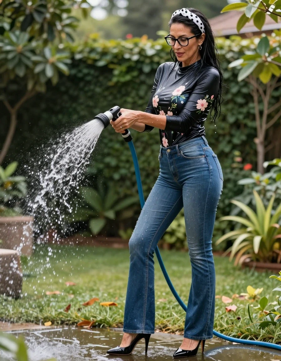 photo of young woman, in soaking wet, drenched clothes,
high-heeled shoes, maxi shiny blue tight jeans, shiny high-neck black floral t-shirt with long sleeves, pouring water with the hose on, in sunny garden, 
enjoying, wet clothes stuck to body,
detailed textures of the wet clothes, wet face, wet plastered hair,
wet, drenched, professional, high-quality details, full body view.
sharp focus, ultra-high pixel detail, realistic, high-quality, full colors, incredibly detailed, 4k, 8k, 16k, hyper-realistic, RAW photo, masterpiece, ultra-detailed, professionally color graded, professional photograph, european brunette skinny woman 50 years old, long dark black hair, white polka-dot headband, office glasses, very big and thick lips, complete body, wet skin, wet clothes, damp fabric, wet skin, wet clothes, damp fabric, wet skin, wet clothes, damp fabric, wet skin, wet clothes, damp fabric, wet skin, wet clothes, damp fabric, wet skin, wet clothes, damp fabric, wet skin, wet clothes, damp fabric