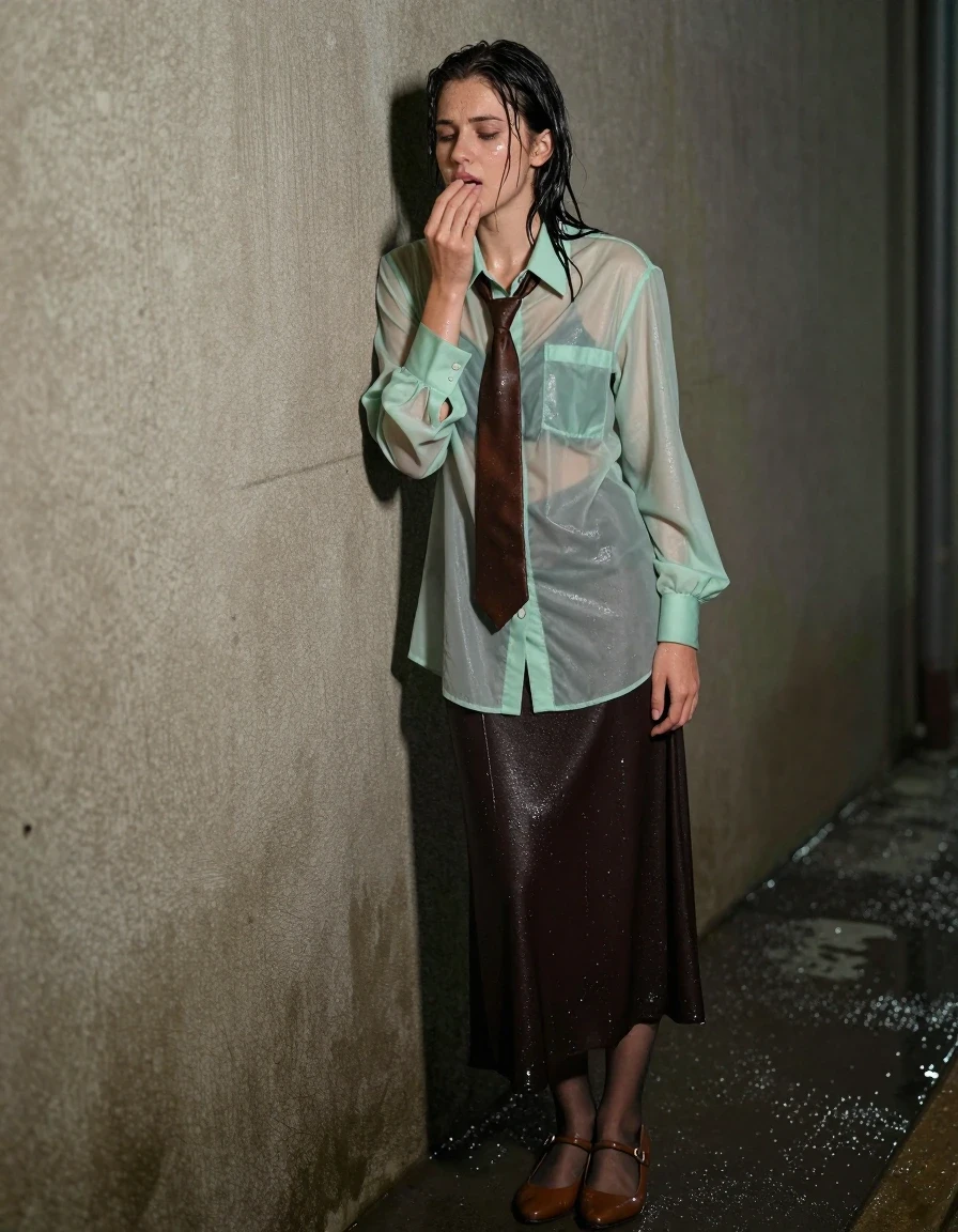 photo of young woman, in soaking wet, drenched clothes,
brown court shoes, dark brown floor-length skirt, stockings, oversized light green transparent long-sleeved shirt, brown necktie, alley at night, 
enjoying, wet clothes stuck to body,
detailed textures of the wet clothes, wet face, wet plastered hair,
wet, drenched, professional, high-quality details, full body view.
sharp focus, ultra-high pixel detail, realistic, high-quality, full colors, incredibly detailed, 4k, 8k, 16k, hyper-realistic, RAW photo, masterpiece, ultra-detailed, professionally color graded, professional photograph, leans onto a wall, wets herself, relieved facial expression, wet skin, wet clothes, damp fabric