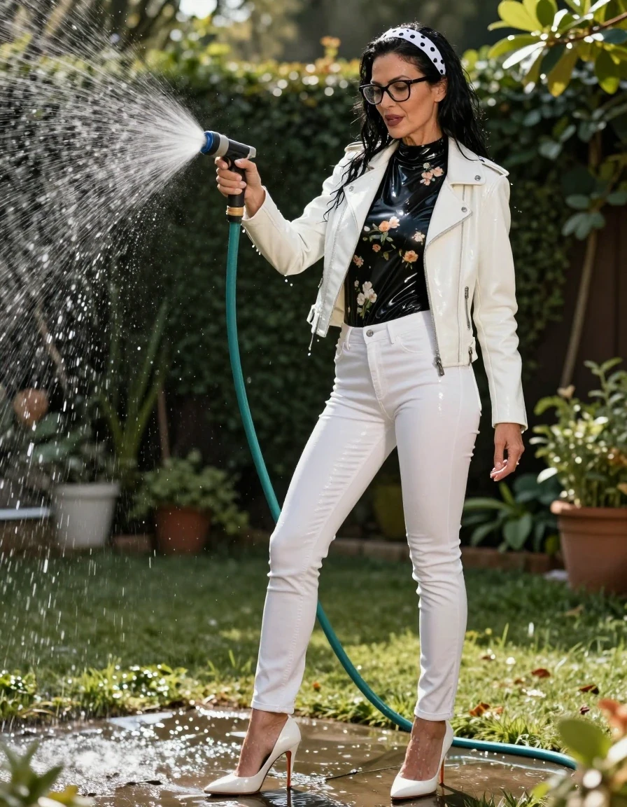 photo of young woman, in soaking wet, drenched clothes,
high-heeled shoes, maxi shiny white tight leather jeans, shiny high-neck black floral t-shirt with long sleeves, maxi shiny white leather jacket, pouring water with the hose on, in sunny garden, 
enjoying, wet clothes stuck to body,
detailed textures of the wet clothes, wet face, wet plastered hair,
wet, drenched, professional, high-quality details, full body view.
sharp focus, ultra-high pixel detail, realistic, high-quality, full colors, incredibly detailed, 4k, 8k, 16k, hyper-realistic, RAW photo, masterpiece, ultra-detailed, professionally color graded, professional photograph, european brunette skinny woman 50 years old, long dark black hair, white polka-dot headband, office glasses, very big and thick lips, complete body, wet skin, wet clothes, damp fabric, wet skin, wet clothes, damp fabric, wet skin, wet clothes, damp fabric, wet skin, wet clothes, damp fabric, wet skin, wet clothes, damp fabric, wet skin, wet clothes, damp fabric, wet skin, wet clothes, damp fabric