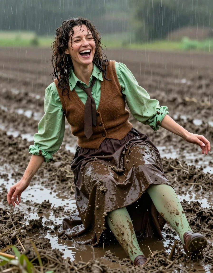 A photorealistic medium-full shot of a late-30s European woman with curly brunette hair, captured in the middle of a rainstorm in muddy village fields. She is falling into the thick mud, her face radiant with a joyful, laughing expression in a post-orgasmic state. Her skin is glistening with rain, and her hair is matted and dripping. She is wearing an oversized light green long-sleeved shirt layered under a brown cashmere vest with a brown necktie, all clothes are heavy, soaked through, and clinging to her body with darker, saturated fabric tones and visible damp textures. Her legs are clad in muddy light green stockings beneath a dark brown floor-length skirt that is caked in wet mud and heavy with water weight. On her feet are muddy brown court shoes, sinking slightly into the wet earth. The lighting is moody and overcast, emphasizing the high-contrast sheen of water on her skin and the deep, saturated colors of her sodden garments. Sharp focus on the texture of the mud, the clinging fabric, and the ecstatic emotion on her face, cinematic composition, hyper-detailed skin pores, 8k resolution, professional photography.