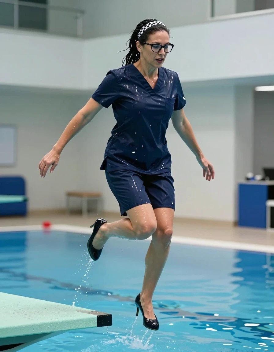photo of young woman, in soaking wet, drenched clothes,
high-heeled shoes, dark blue shiny scrubs with black skirt, dark blue shiny scrubs with black skirt, jumping from the diving board into the water of the indoor pool, 
enjoying, wet clothes stuck to body,
detailed textures of the wet clothes, wet face, wet plastered hair,
wet, drenched, professional, high-quality details, full body view.
sharp focus, ultra-high pixel detail, realistic, high-quality, full colors, incredibly detailed, 4k, 8k, 16k, hyper-realistic, RAW photo, masterpiece, ultra-detailed, professionally color graded, professional photograph, europen brunette skinny woman 50 years old, long dark black hair, white polka-dot headband, office glasses, very big and thick lips, complete body, wet skin, wet clothes, damp fabric, wet skin, wet clothes, damp fabric, wet skin, wet clothes, damp fabric, wet skin, wet clothes, damp fabric, wet skin, wet clothes, damp fabric, wet skin, wet clothes, damp fabric, wet skin, wet clothes, damp fabric