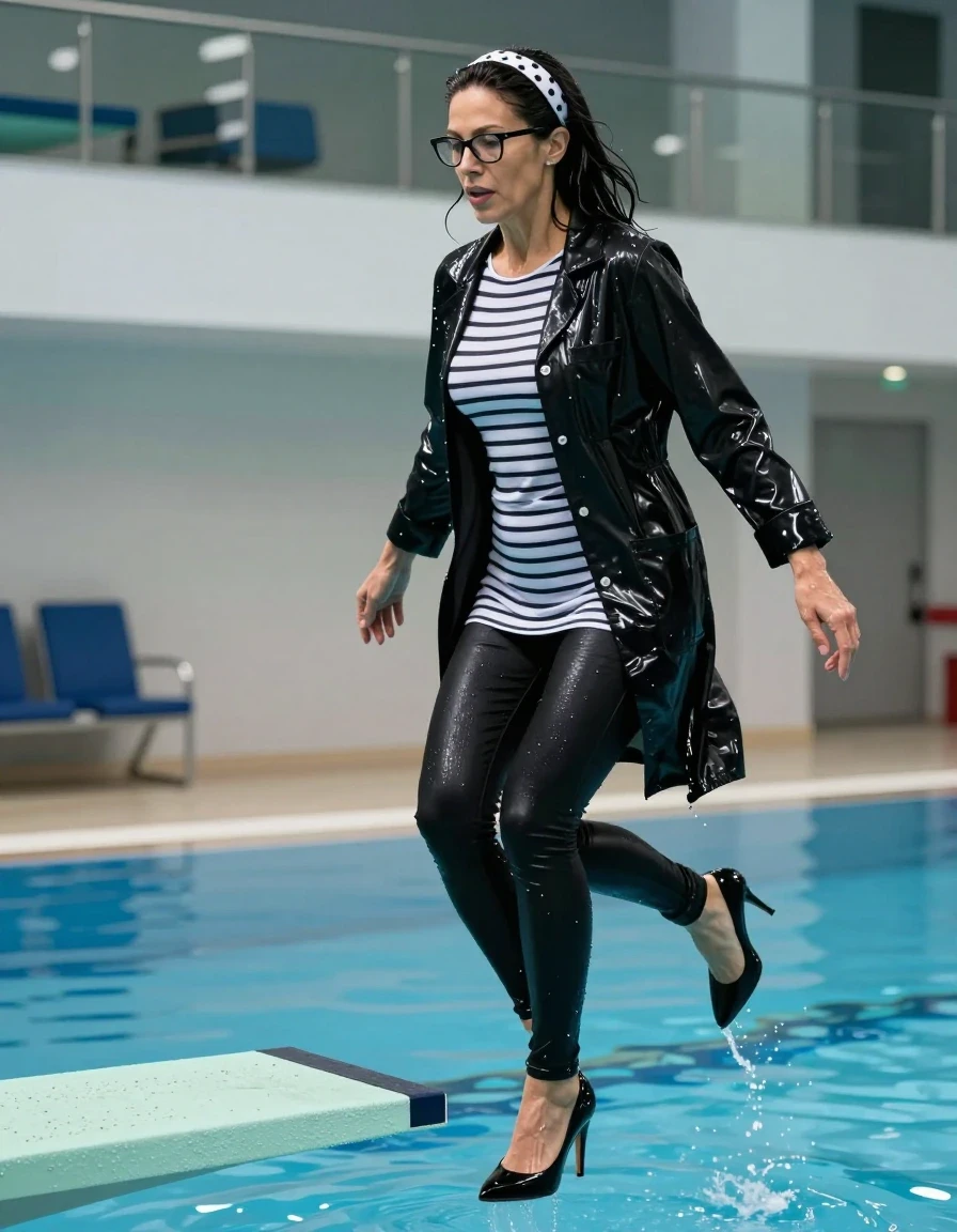 photo of young woman, in soaking wet, drenched clothes,
high-heeled shoes, long black shiny tight jeans, long shiny white & black striped t-shirt dress with long sleeves, black shiny labcoat, jumping from the diving board into the water of the indoor pool, 
enjoying, wet clothes stuck to body,
detailed textures of the wet clothes, wet face, wet plastered hair,
wet, drenched, professional, high-quality details, full body view.
sharp focus, ultra-high pixel detail, realistic, high-quality, full colors, incredibly detailed, 4k, 8k, 16k, hyper-realistic, RAW photo, masterpiece, ultra-detailed, professionally color graded, professional photograph, europen brunette skinny woman 50 years old, long dark black hair, white polka-dot headband, office glasses, very big and thick lips, complete body, wet skin, wet clothes, damp fabric, wet skin, wet clothes, damp fabric, wet skin, wet clothes, damp fabric, wet skin, wet clothes, damp fabric, wet skin, wet clothes, damp fabric, wet skin, wet clothes, damp fabric, wet skin, wet clothes, damp fabric